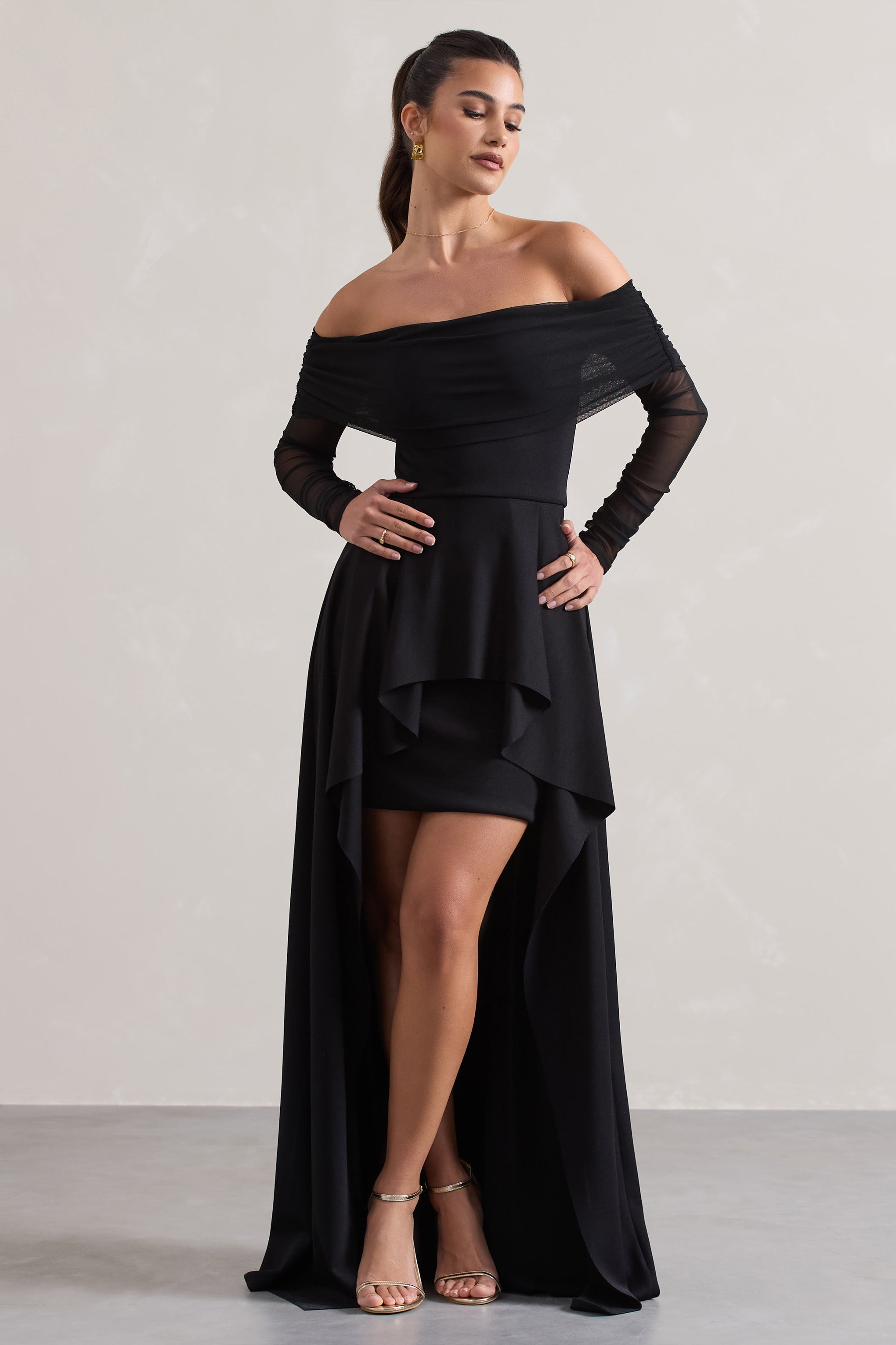 Lunara | Schwarzes Bardot High-Low Maxikleid