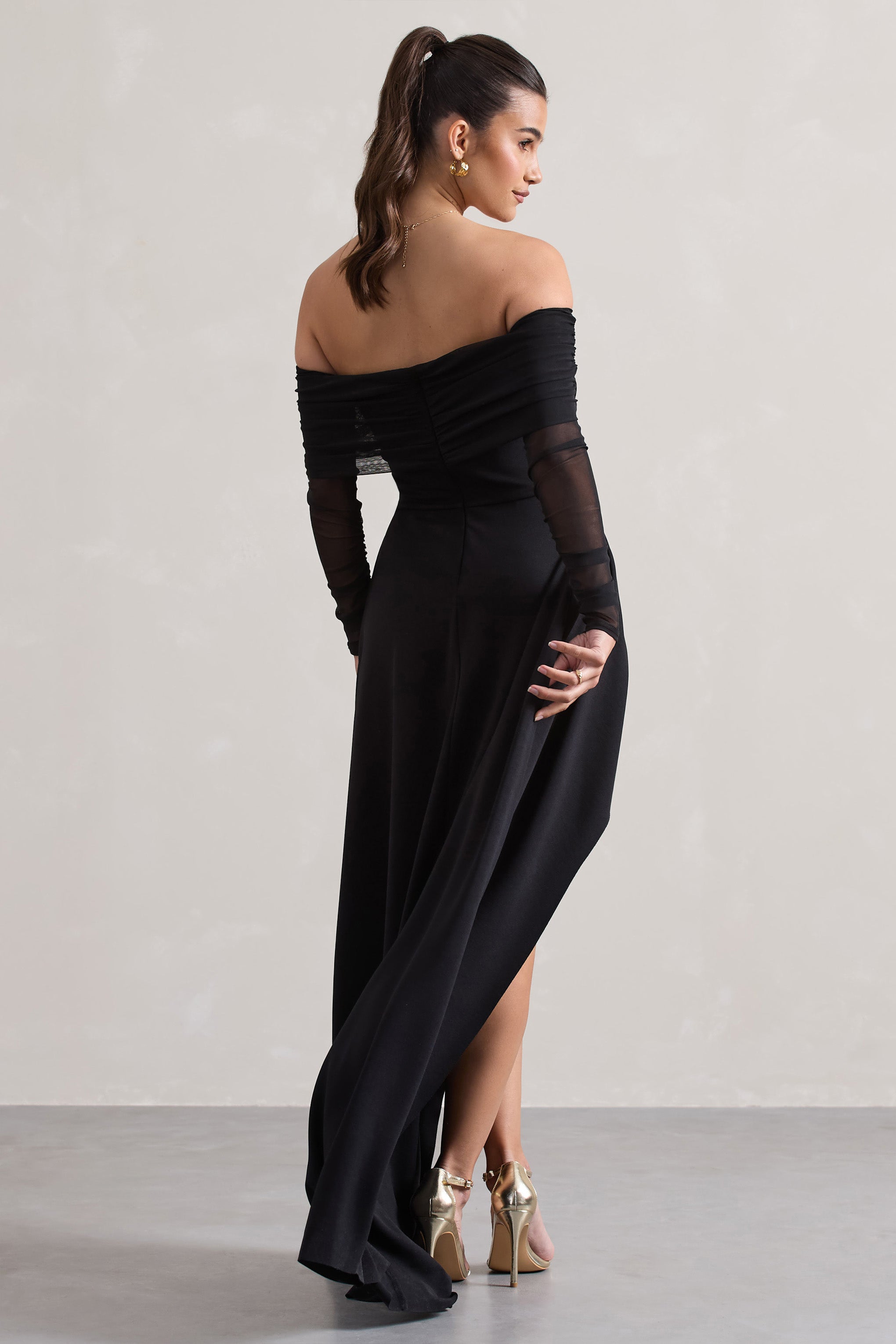 Lunara | Schwarzes Bardot High-Low Maxikleid