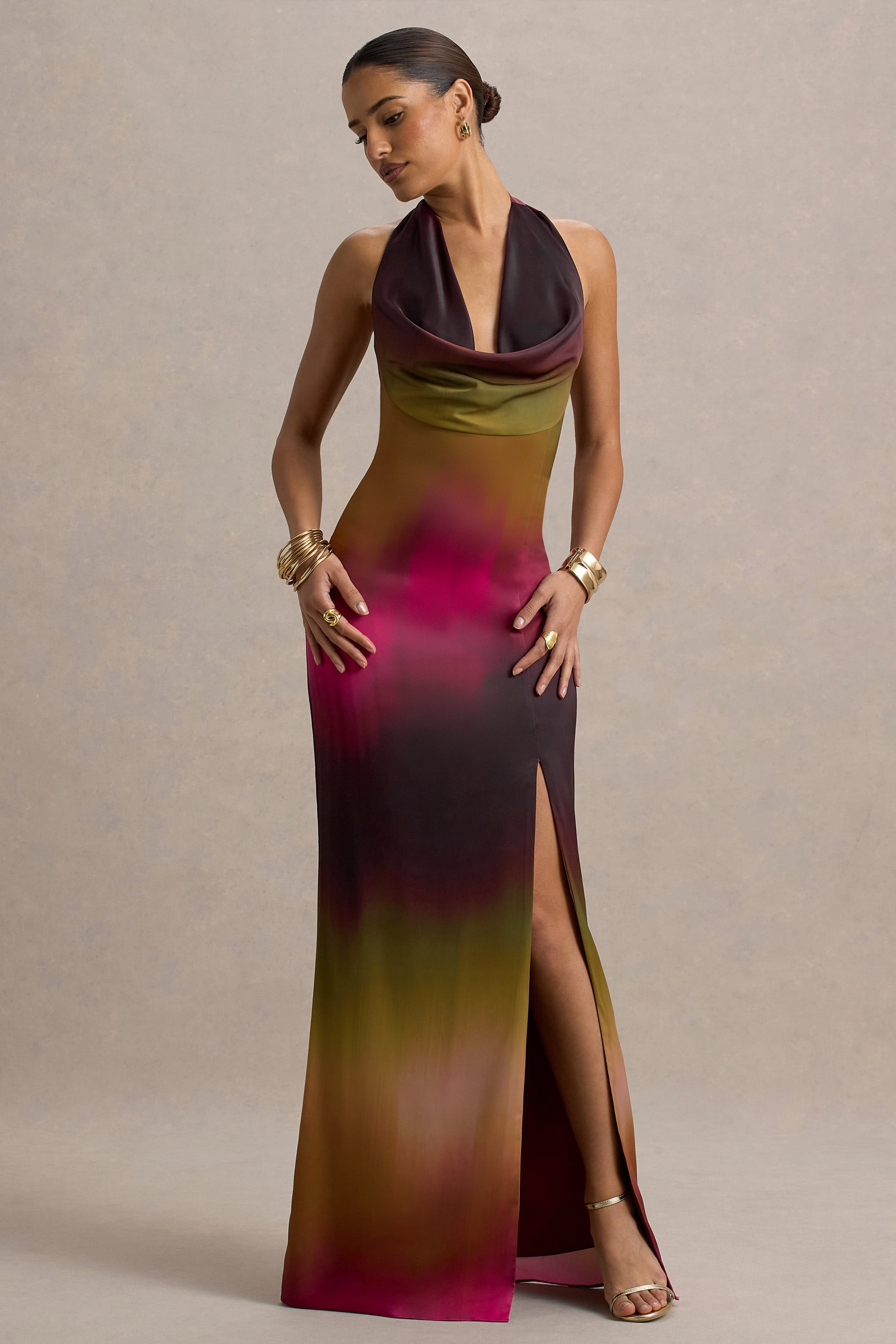 Fiorella | Ombre-Print-Kleid mit Wasserfallausschnitt und Schlitz im Maxistil