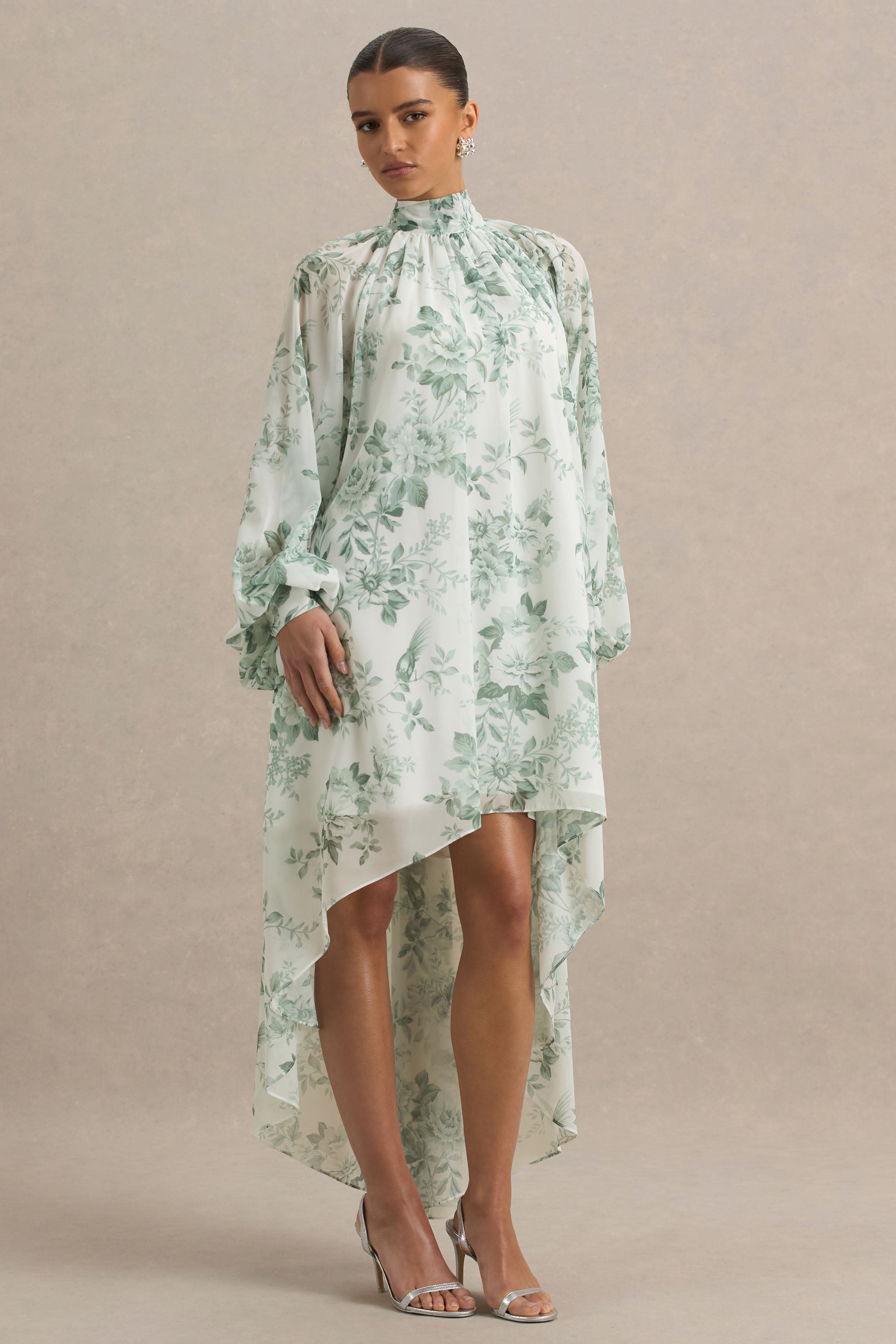 Delphia | Grünes Maxikleid mit Blumenmuster und hohem Ausschnitt