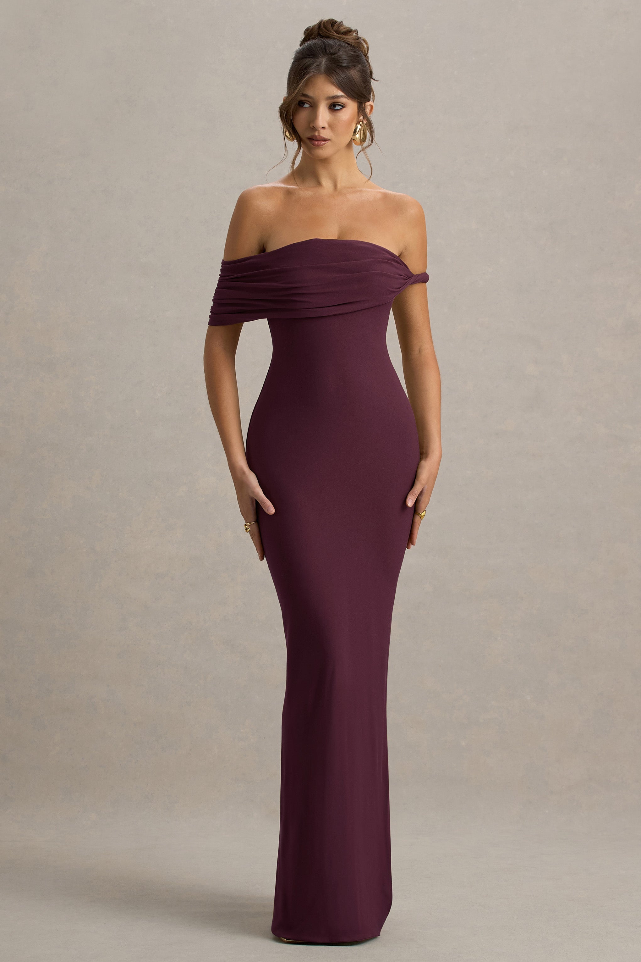 Melika | Bordeauxrotes, verdrehtes Bardot-Maxikleid