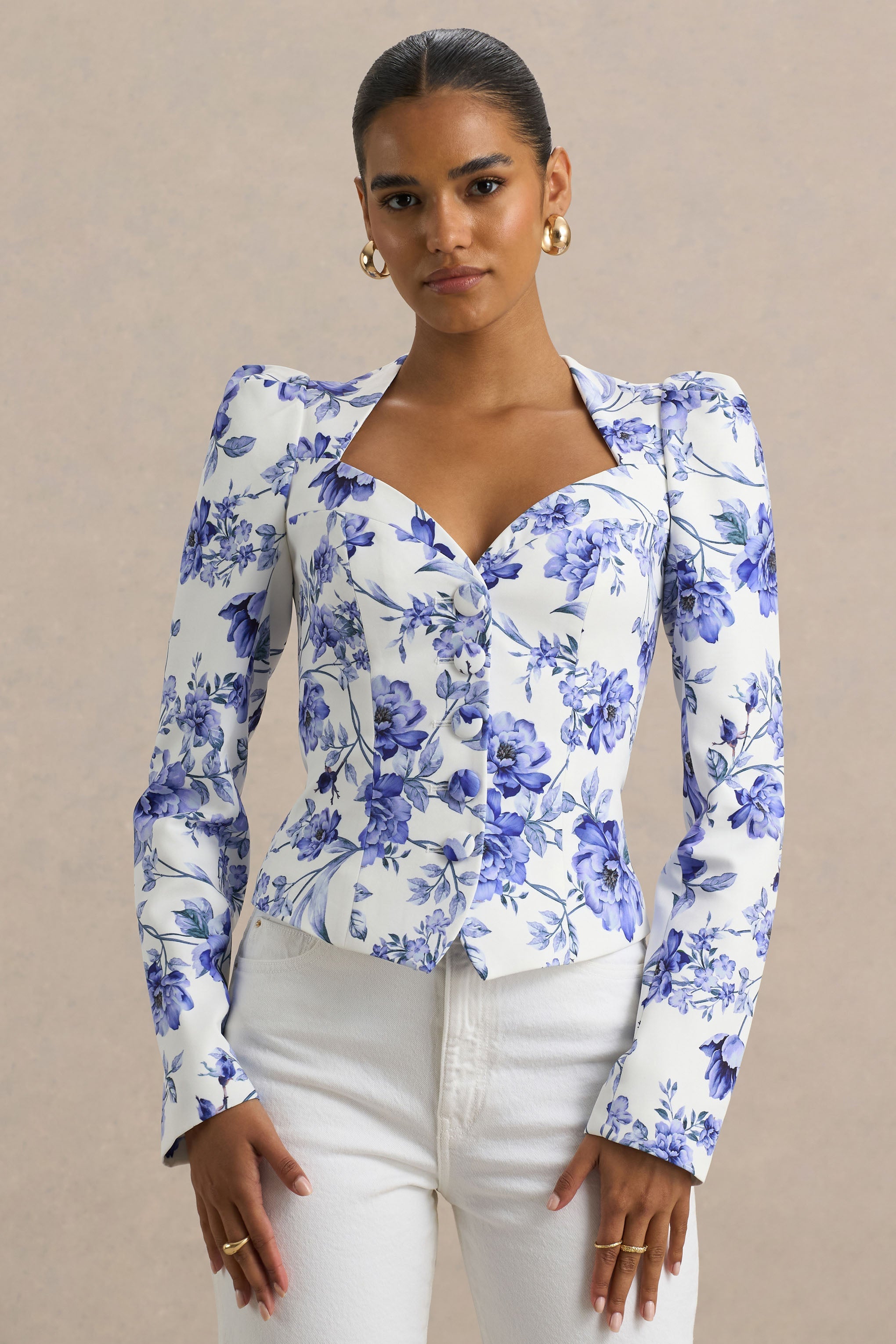 Olympia | Blaues Oberteil mit Blumenmuster und Sweetheart-Ausschnitt, tailliert