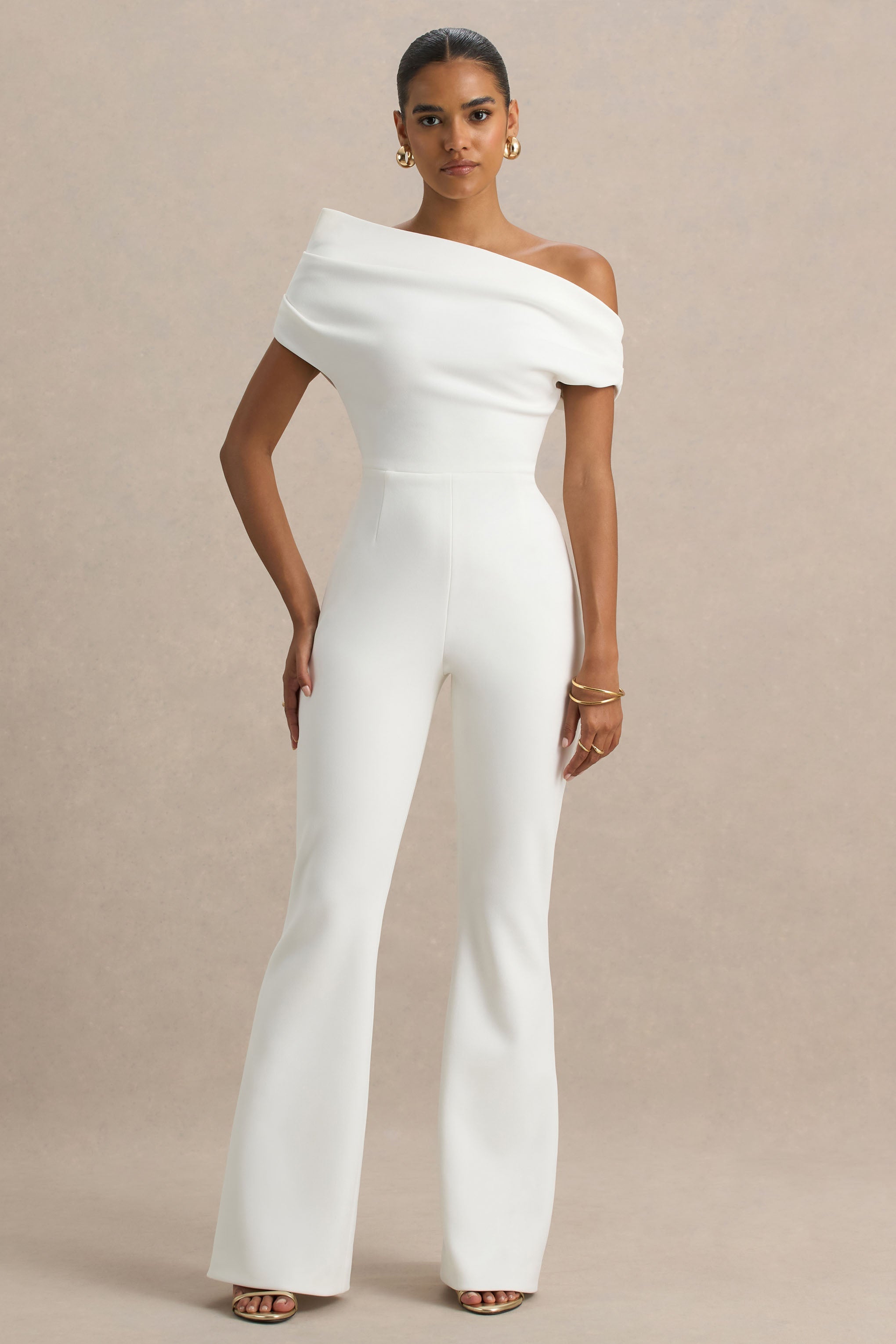 Alexandra | Weißer asymmetrisch drapierter Jumpsuit