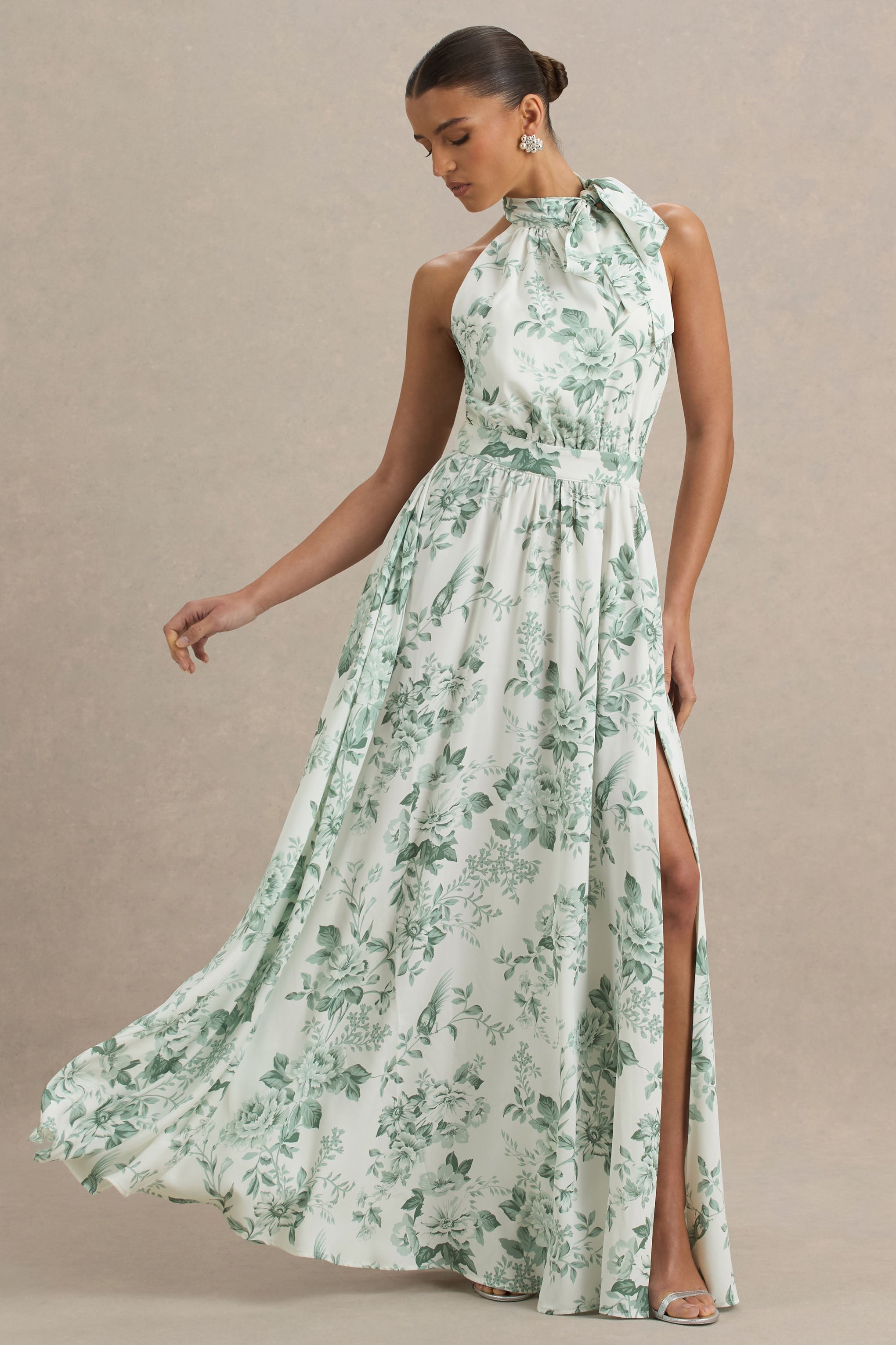 Talia | Grünes Maxikleid mit Blumenmuster, hohem Kragen und hohem Beinschlitz