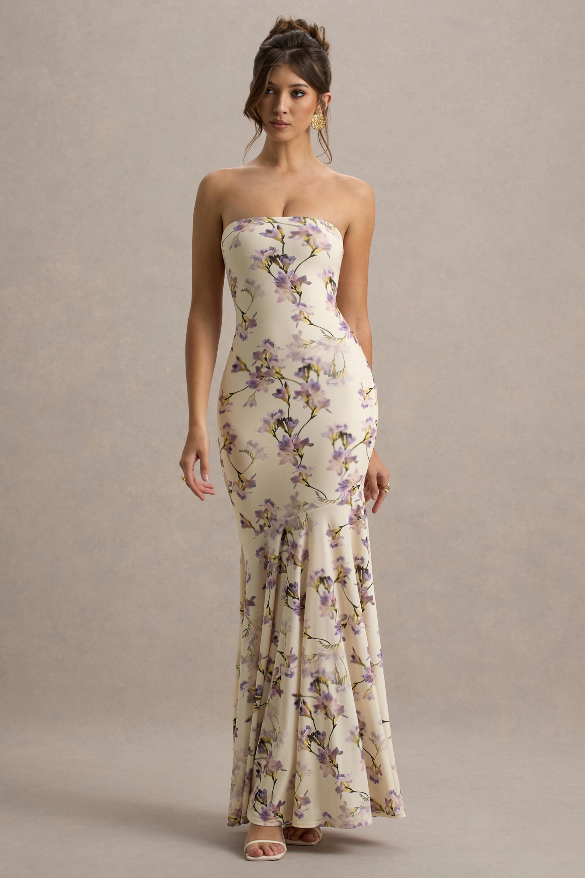 Callie | Zitronengelbes Bandeau-Maxikleid mit Blumenmuster und Fischschwanz-Schnitt