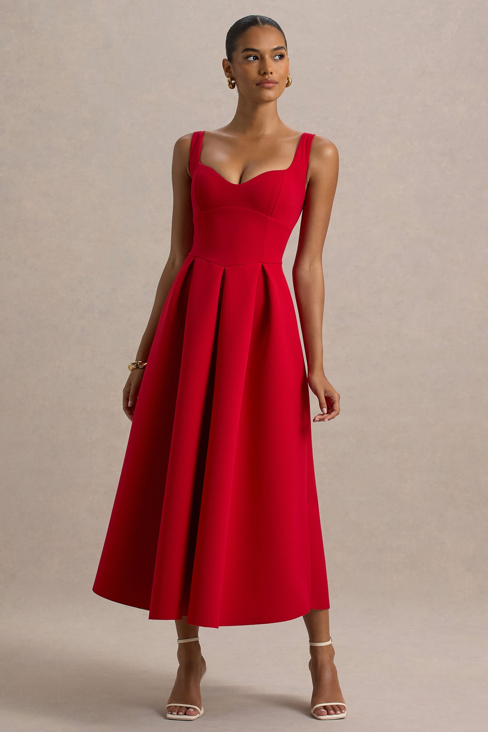 Rosemary | Rotes Midikleid mit Sweetheart-Ausschnitt und tief angesetzter Taille