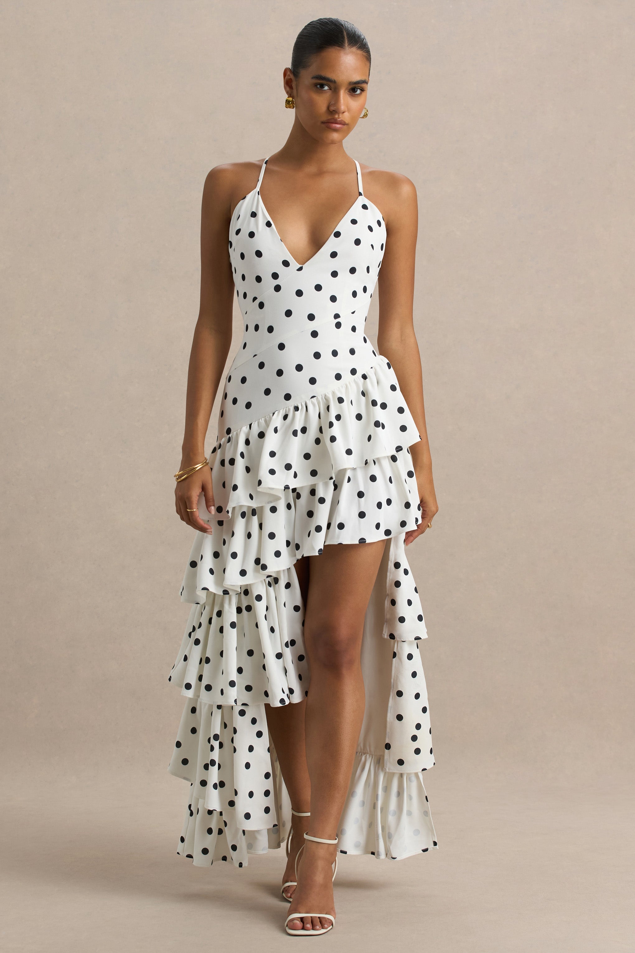 Bogota | Polka-Dot-Maxikleid mit V-Ausschnitt, Rüschendetails und Frontschlitz.