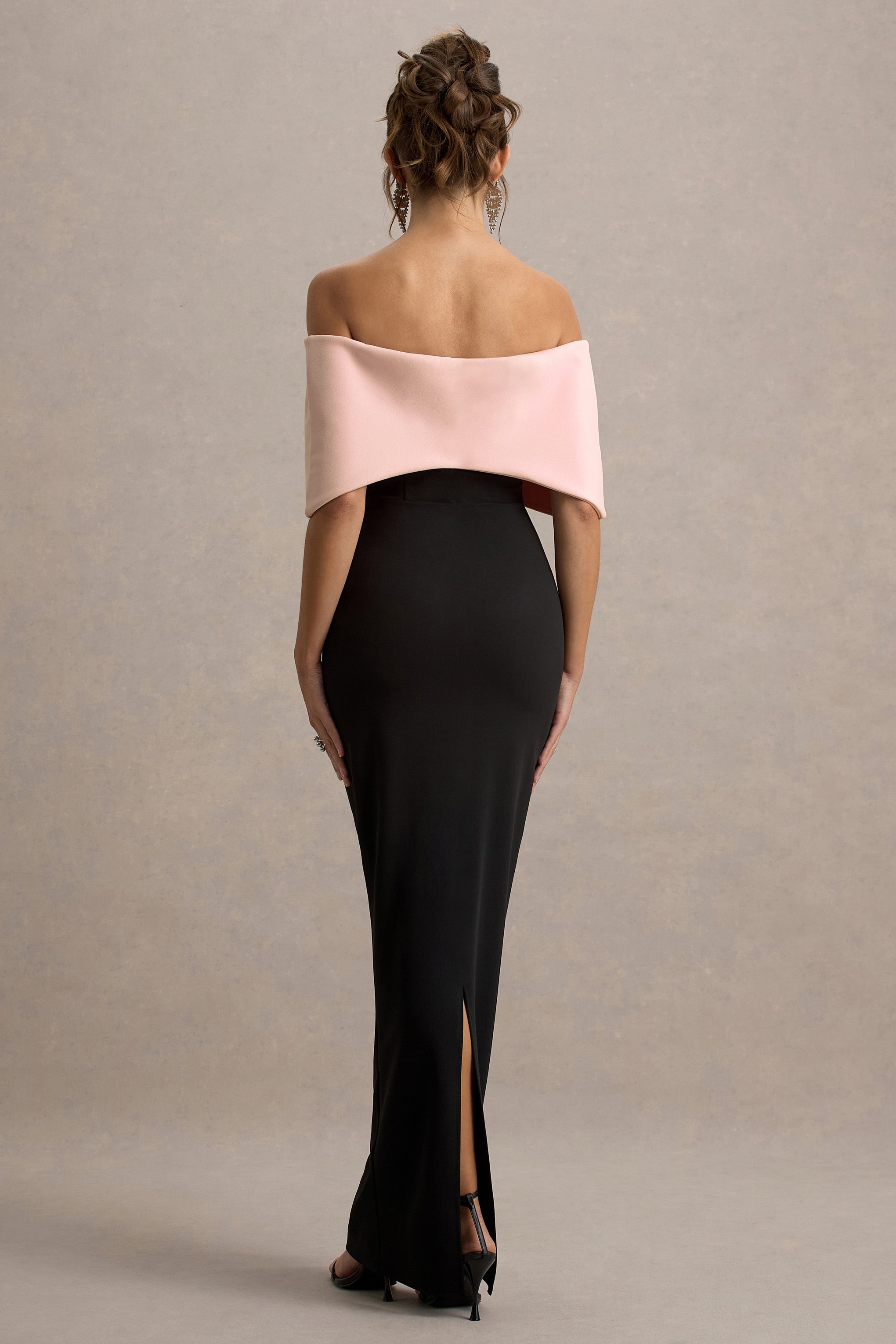 Cornelia | Rosa & Schwarzes Trägerloses Maxikleid mit Großer Schleife