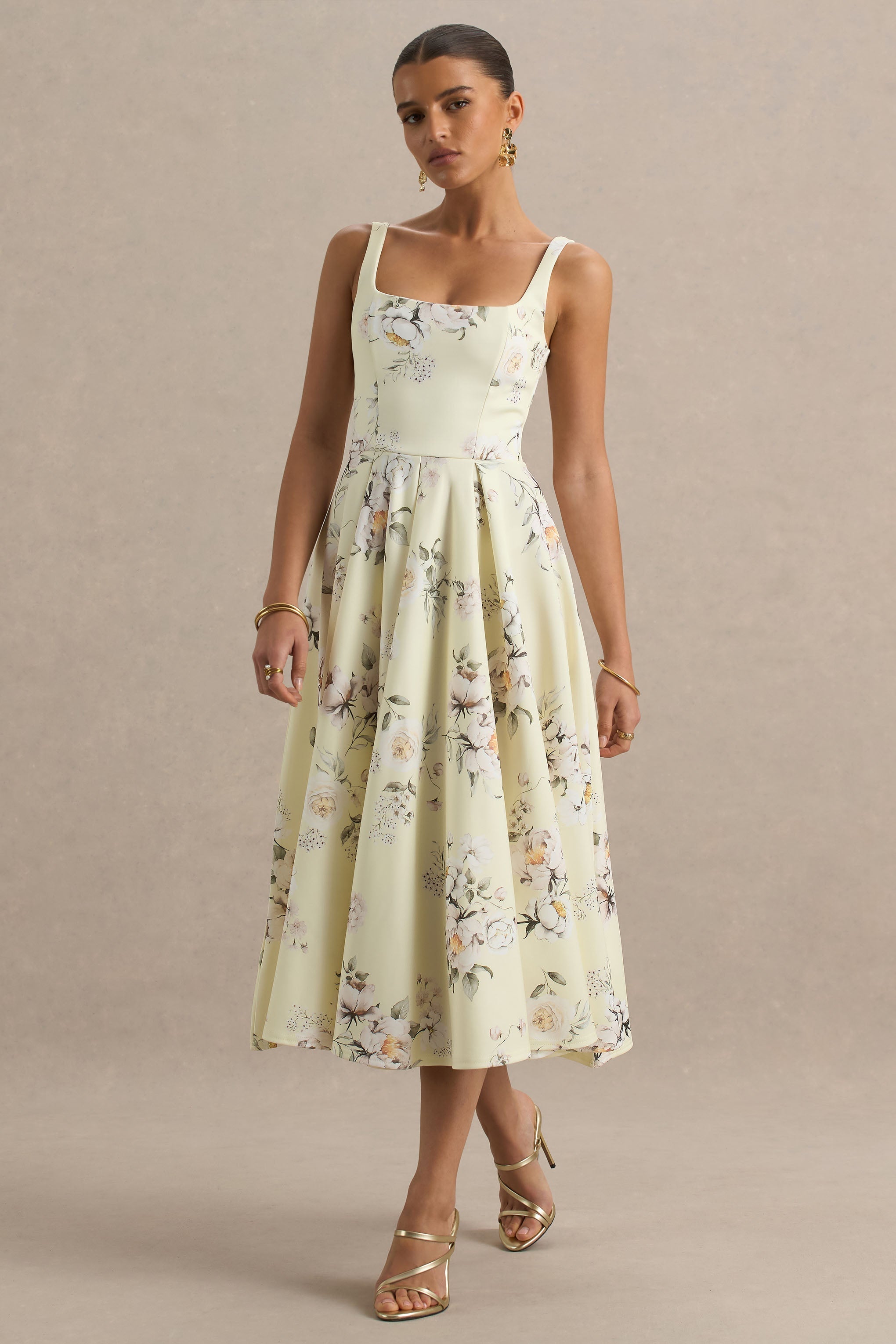 Lissa | Zitronen-Blumenstrauß-Print Midikleid mit eckigem Ausschnitt