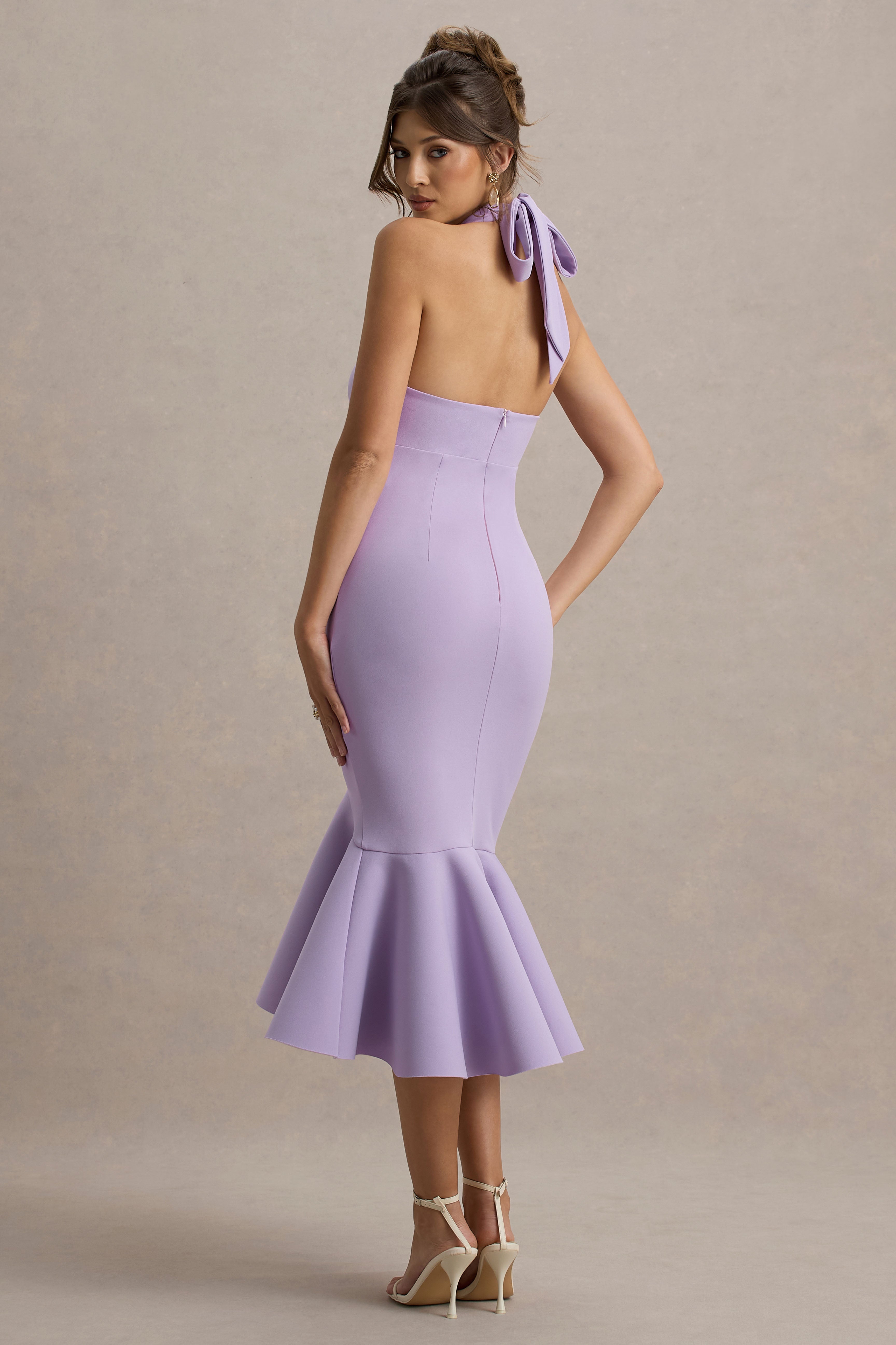 Valletta | Fliederfarbenes Halterneck-Midikleid mit Rüschenbesatz