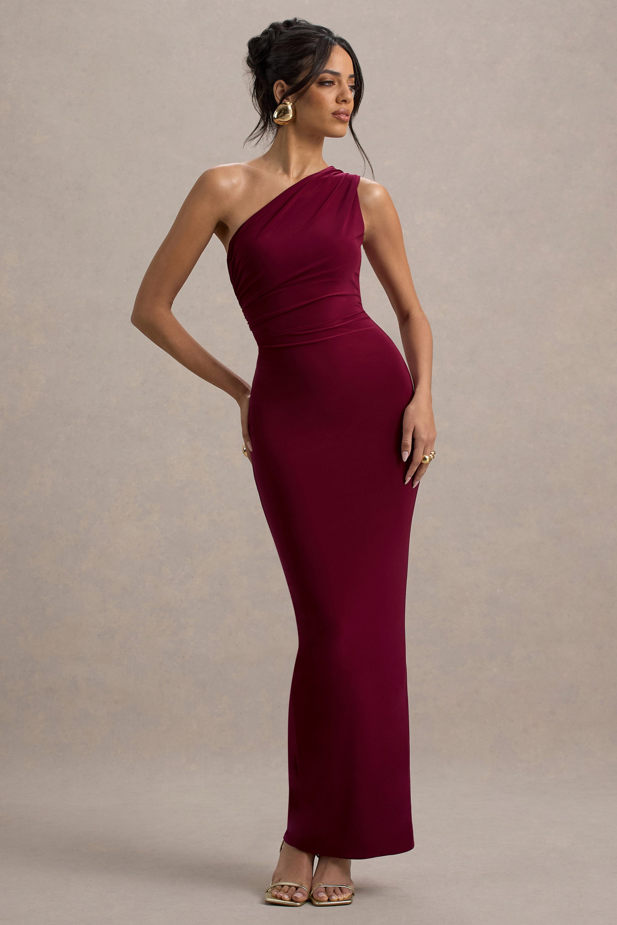 Venetia | Burgunderrot Maxi-Kleid mit Ein-Schulter-Design und Rückenschnürung