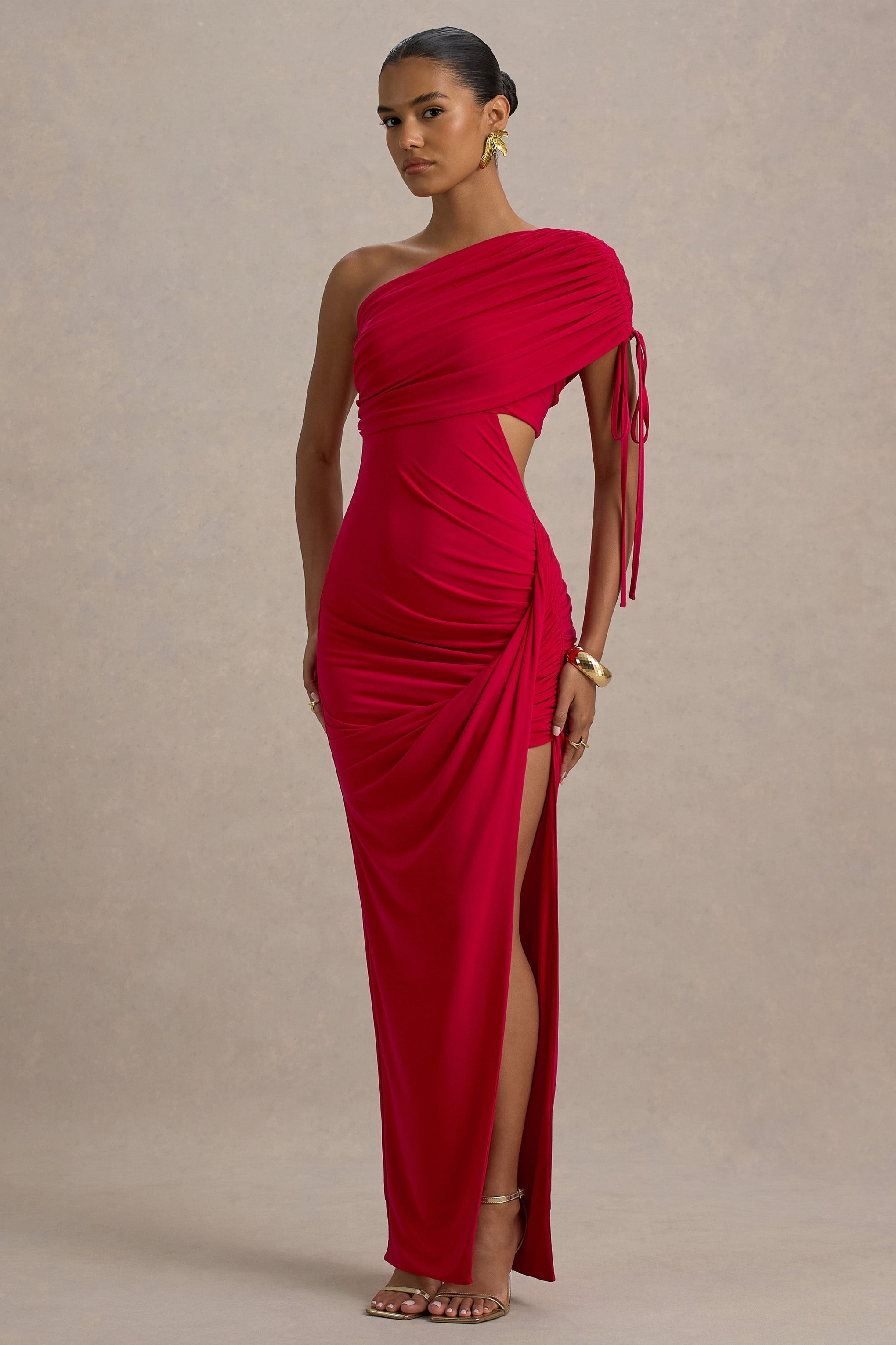 Trance | Rotes asymmetrisches Maxikleid mit Schlitz