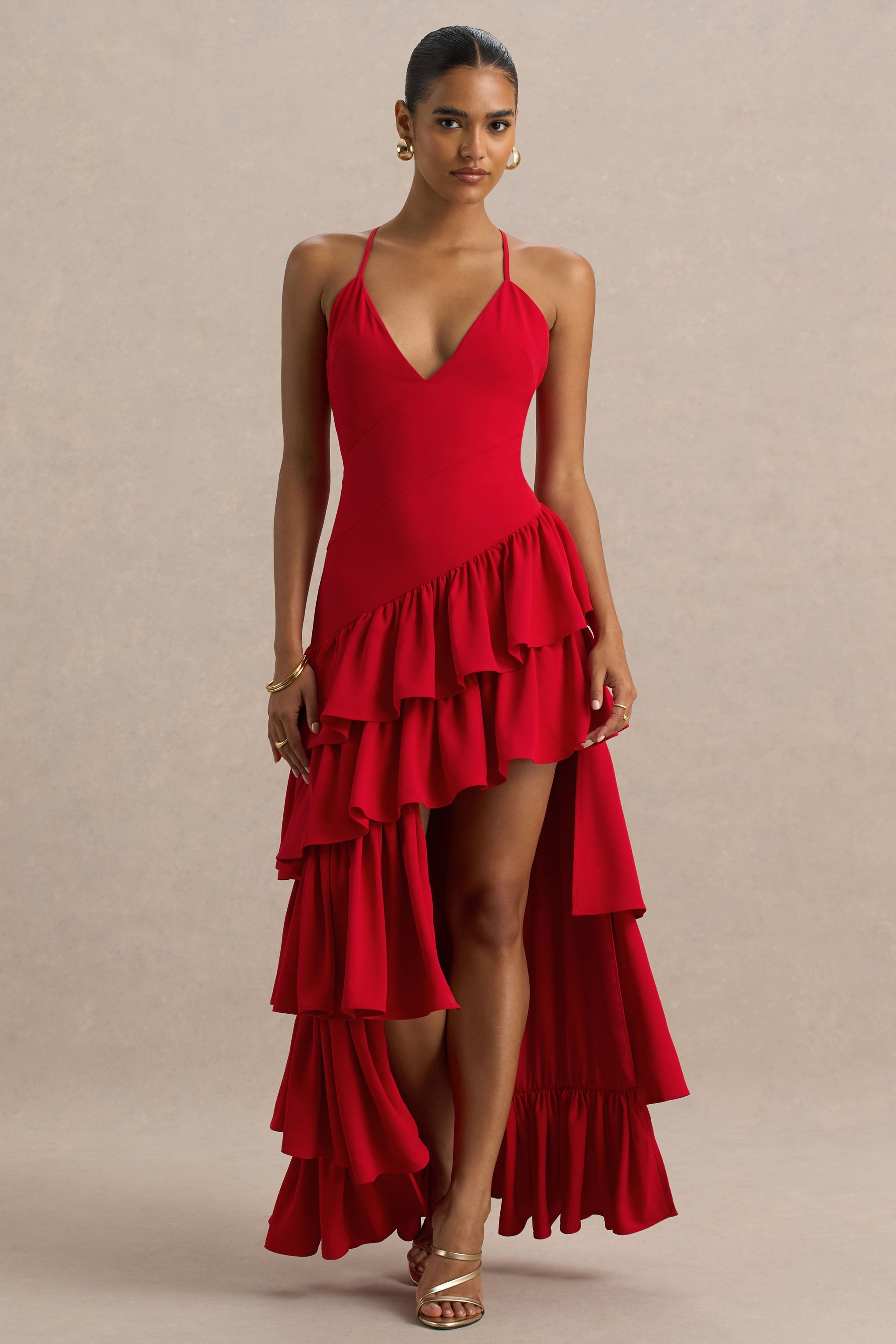 Bogota | Rotes Maxikleid mit V-Ausschnitt Rüschen-Details und hohem Frontschlitz