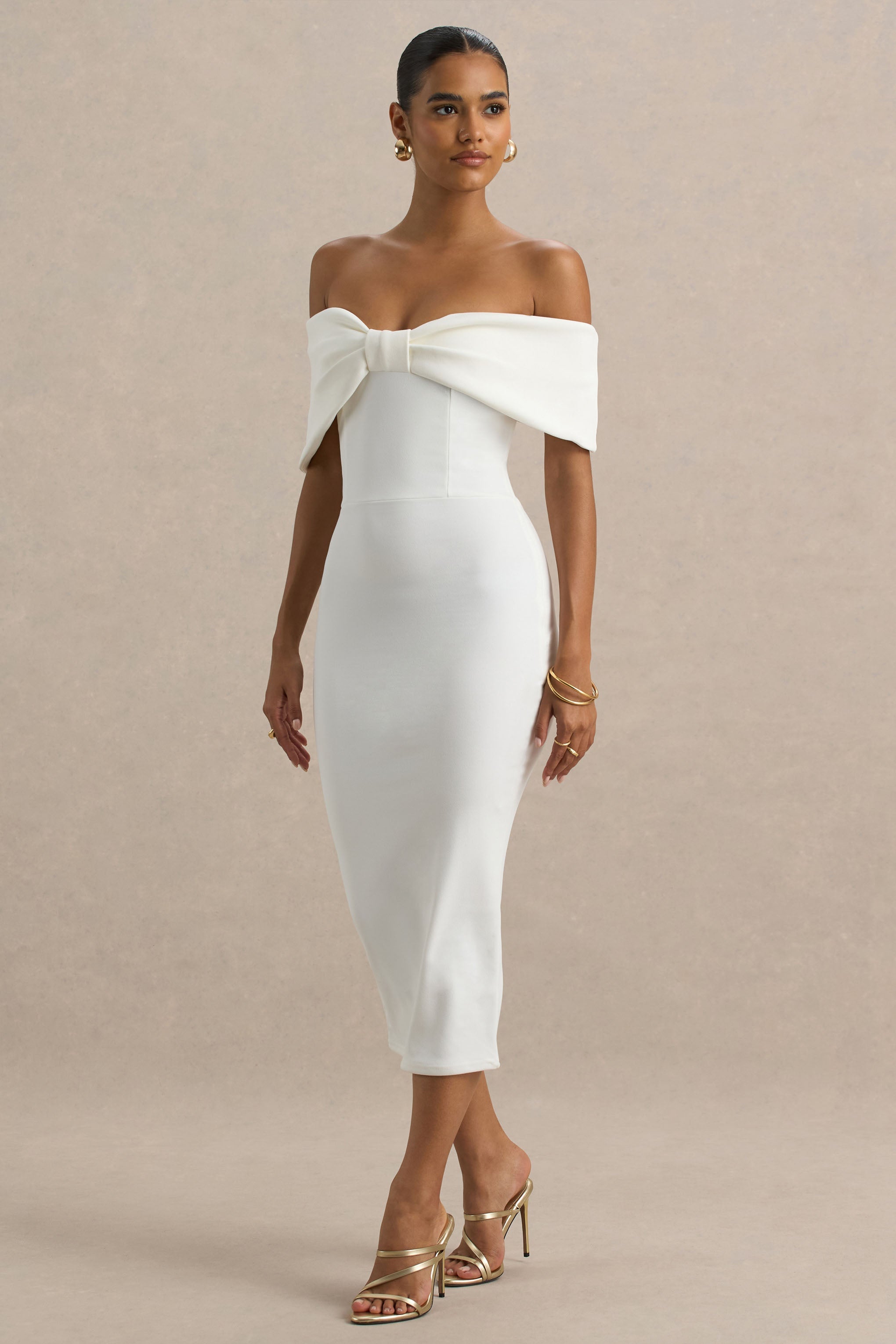 Bayshore | Weißes Bardot-Midikleid mit Schleife