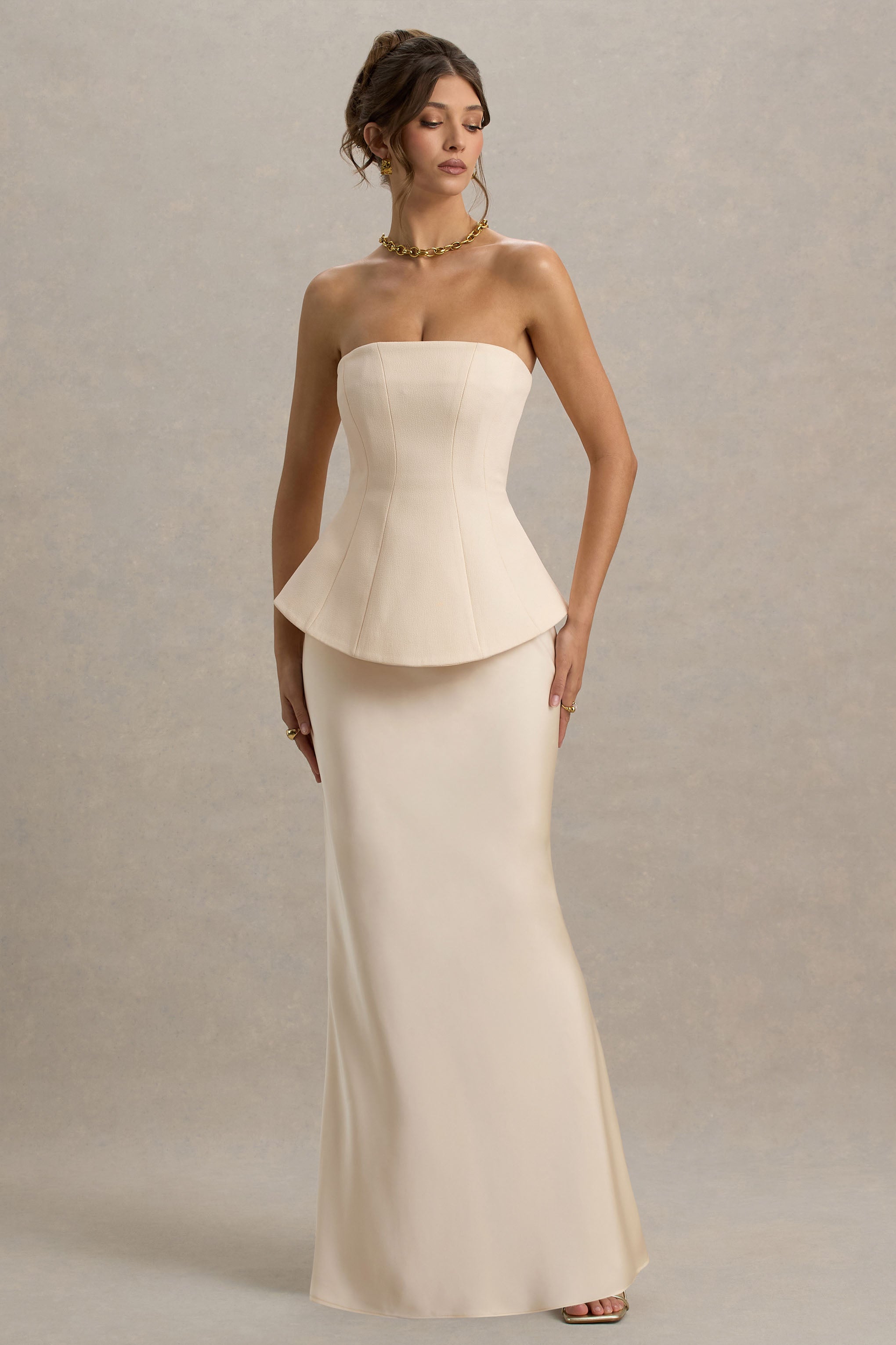 Ohio | Champagnerfarbenes trägerloses Korsett-Maxikleid