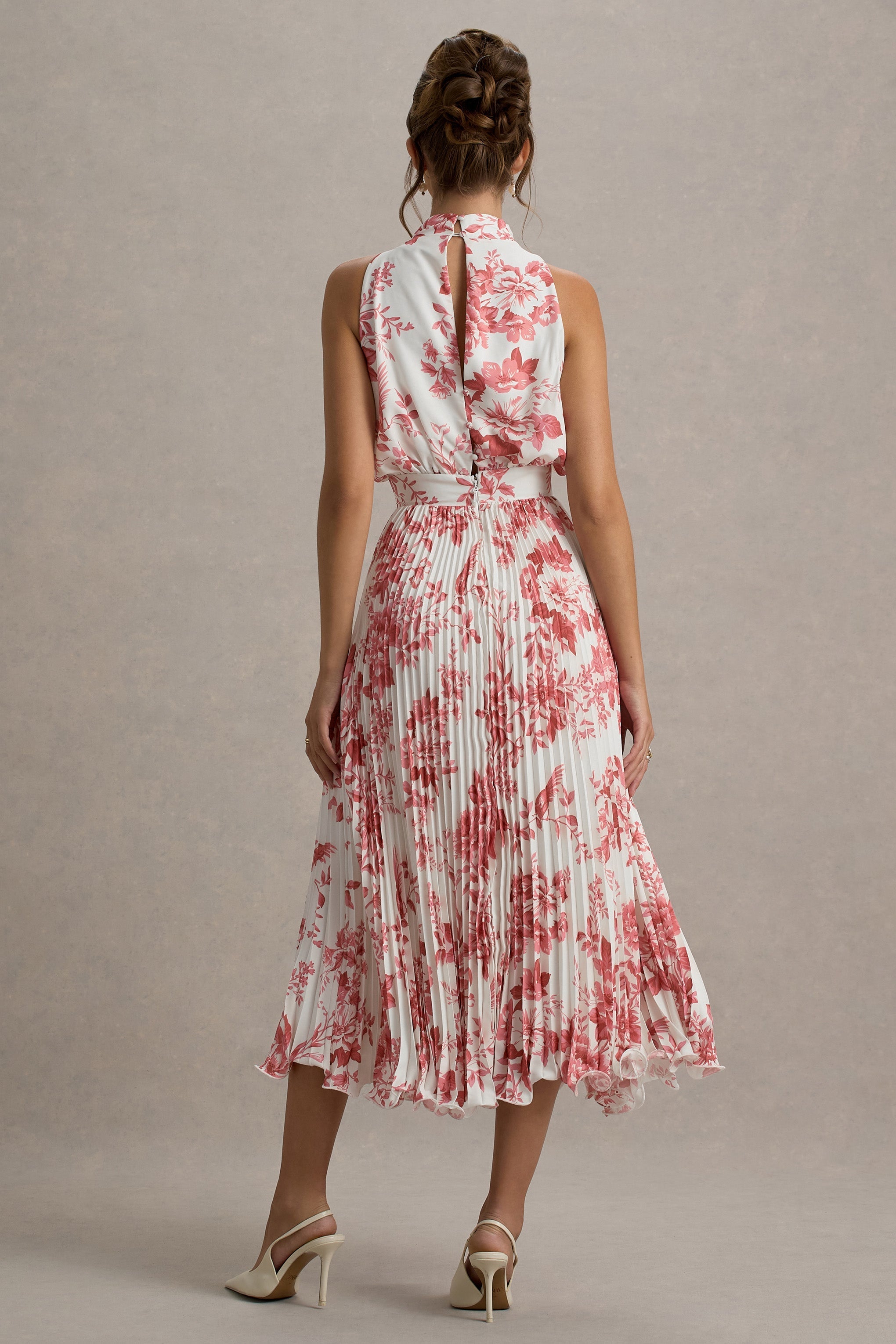 Nila | Rosa Porzellan-Druck Cowl-Neck Midikleid mit Plisseerock.