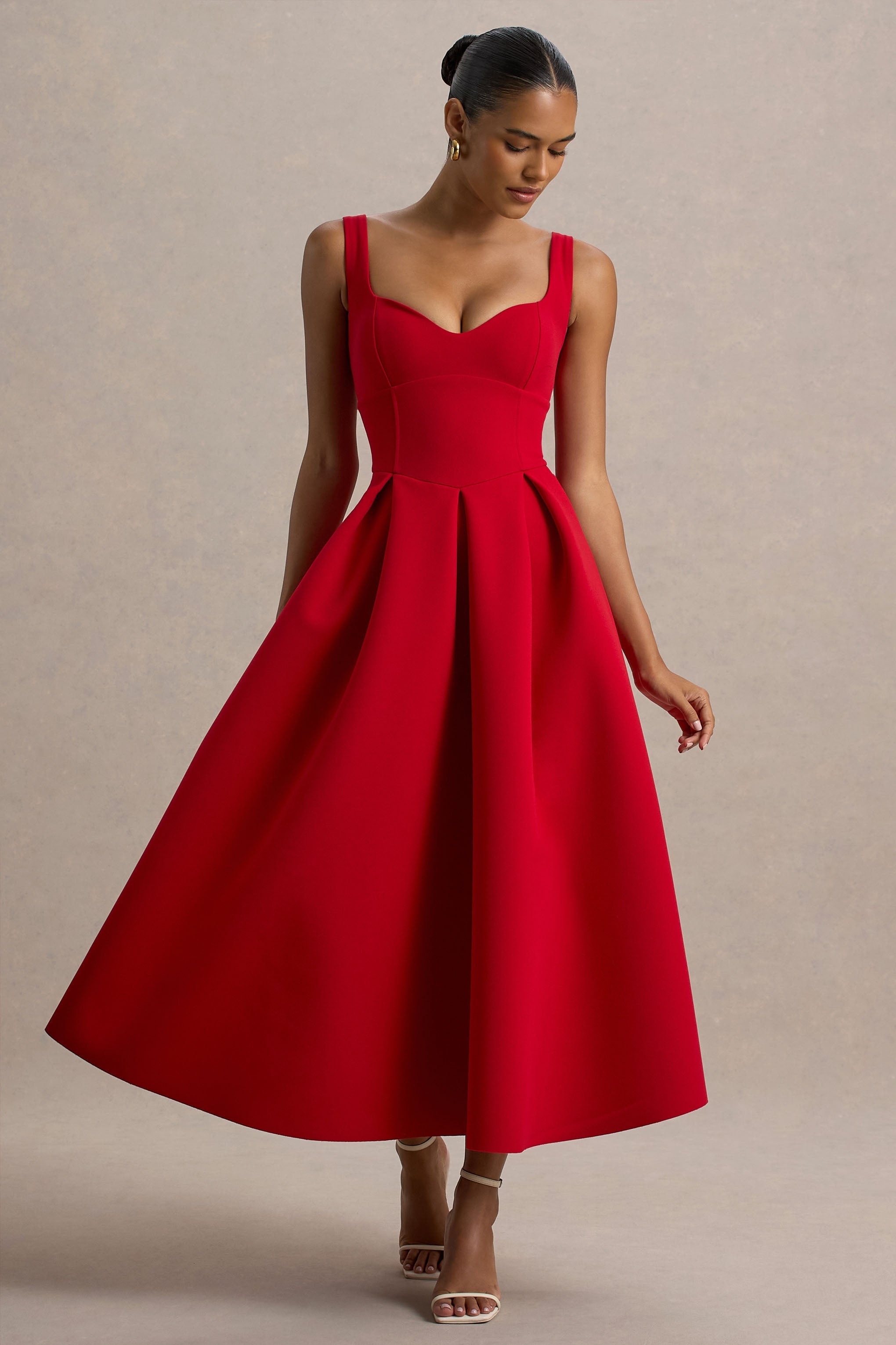 Rosemary | Rotes Midikleid mit Sweetheart-Ausschnitt und tief angesetzter Taille