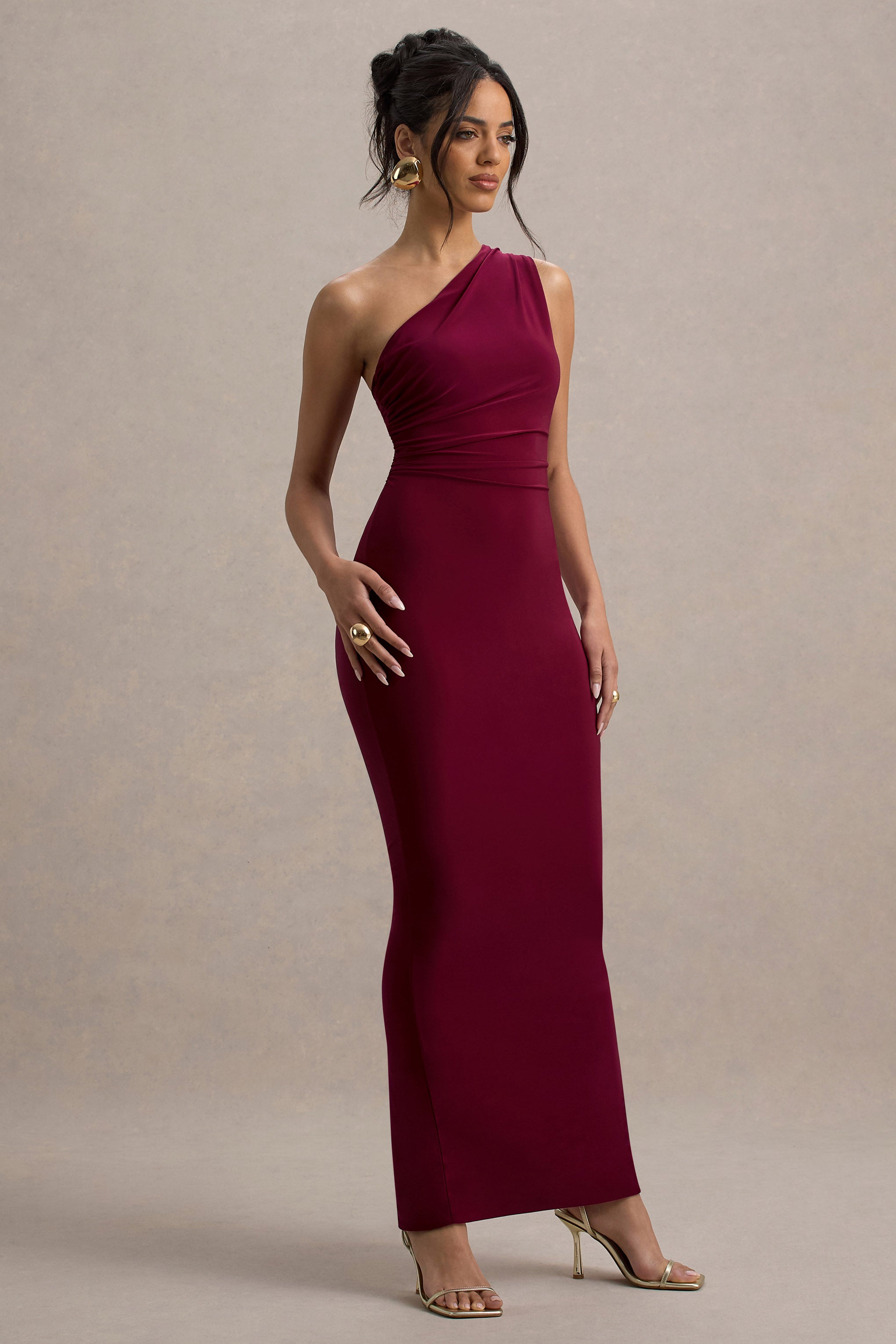 Venetia | Burgunderrot Maxi-Kleid mit Ein-Schulter-Design und Rückenschnürung