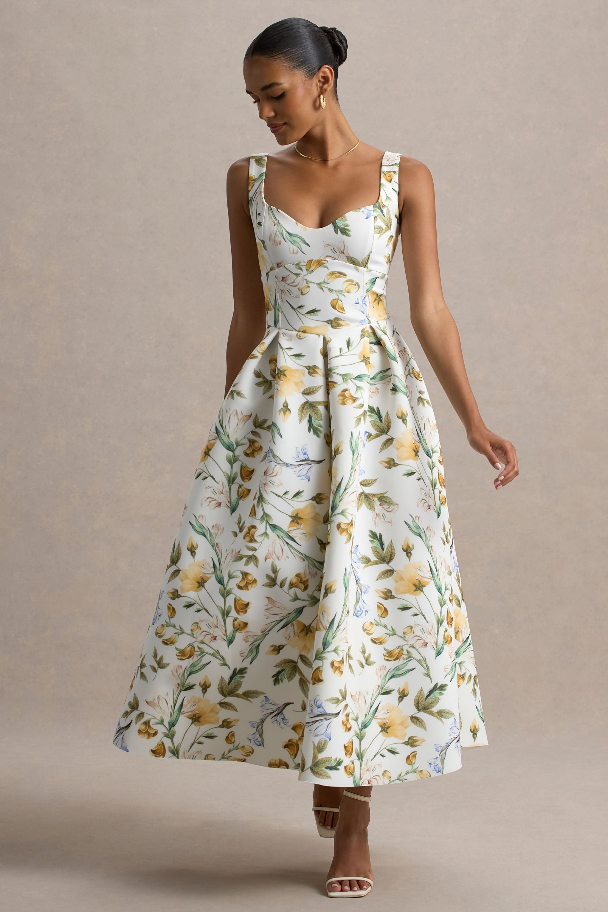 Rosemary | Midikleid mit Blumenmuster, Sweetheart-Ausschnitt und tief angesetzter Taille