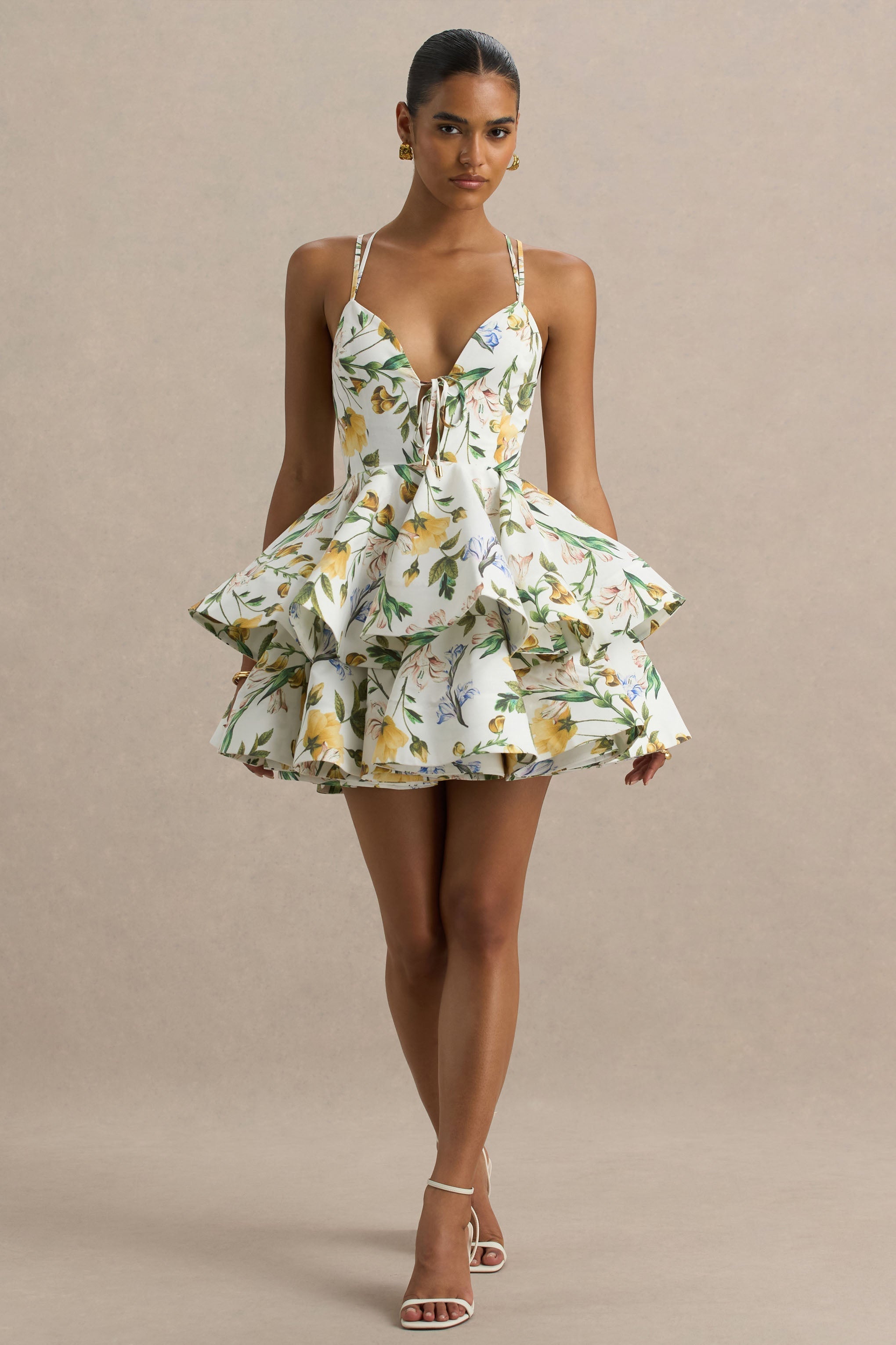 Flavia | Weißes Leinenkleid mit botanischem Print und gerafftem Skater-Minirock