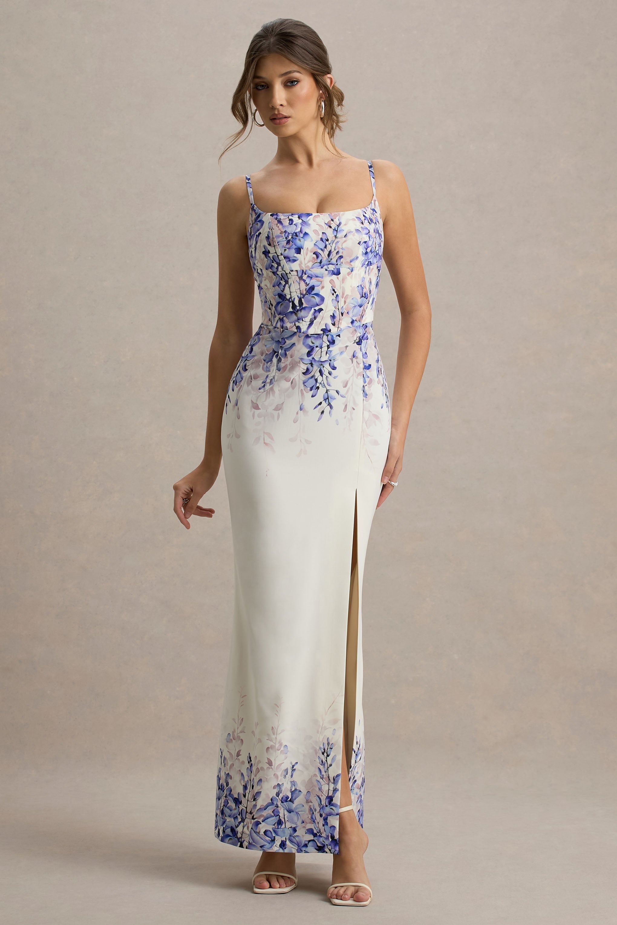 Lupita | Wisteria Print Leinen Maxikleid mit Schlitz