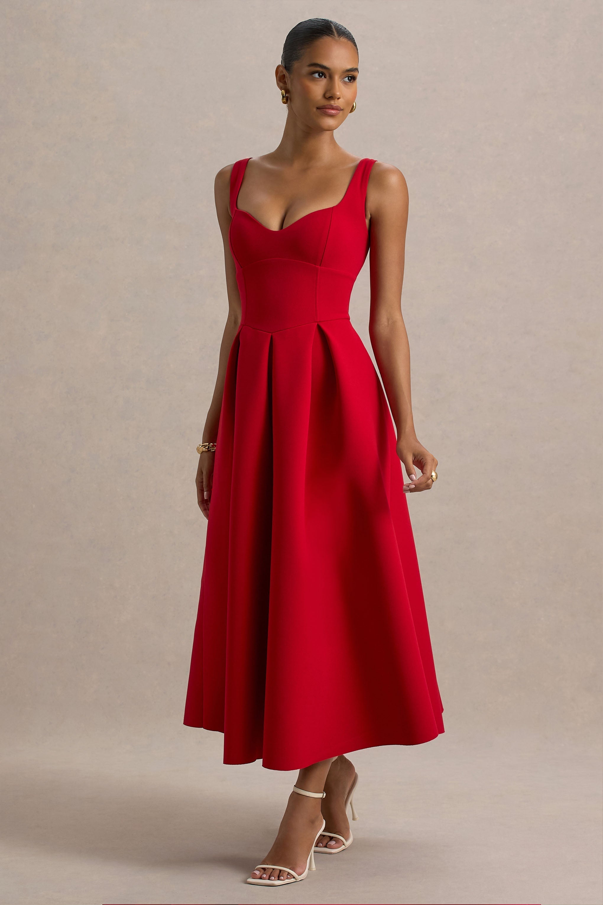 Rosemary | Rotes Midikleid mit Sweetheart-Ausschnitt und tief angesetzter Taille