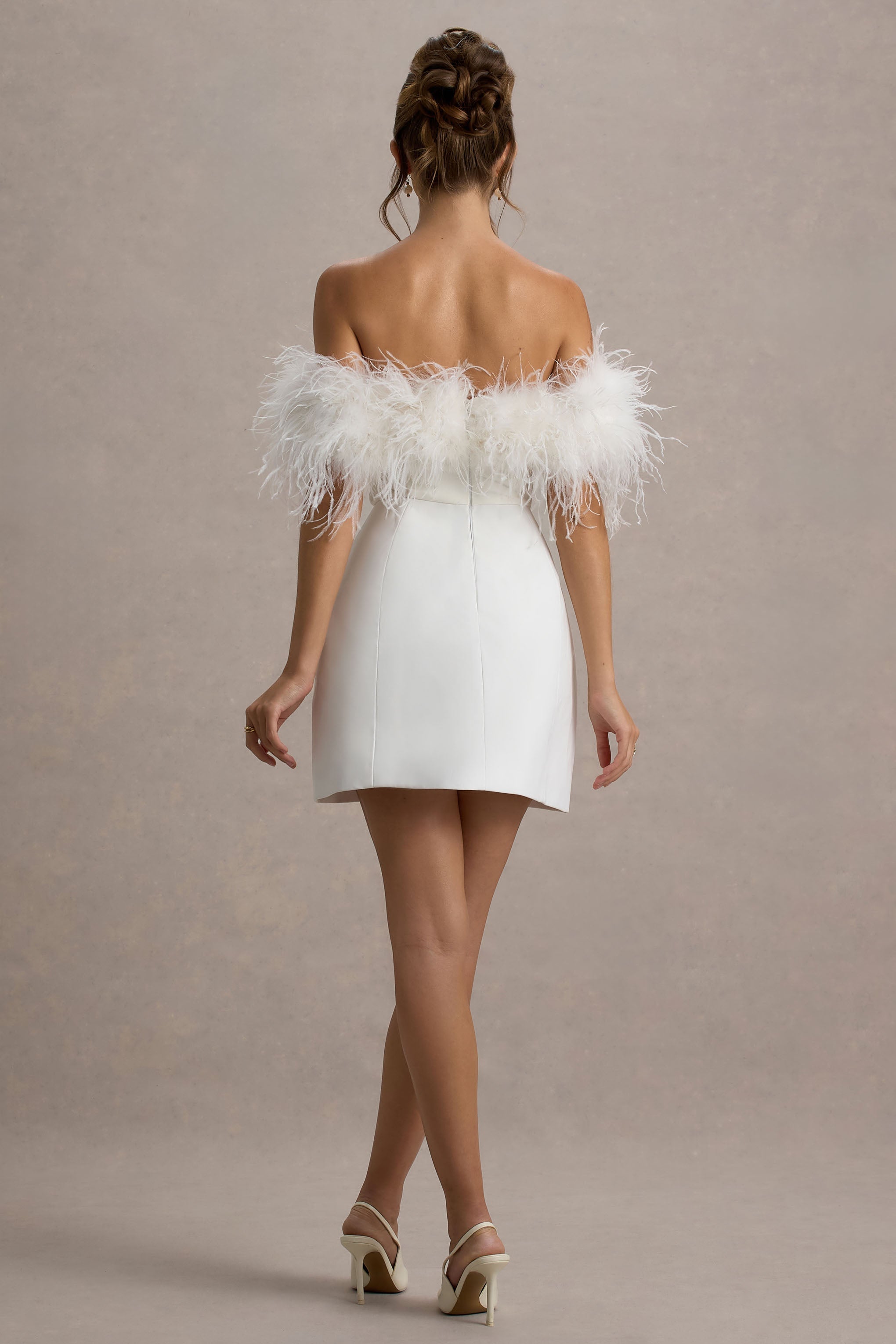Palace | Weißes Bardot-Minikleid mit Federbesatz