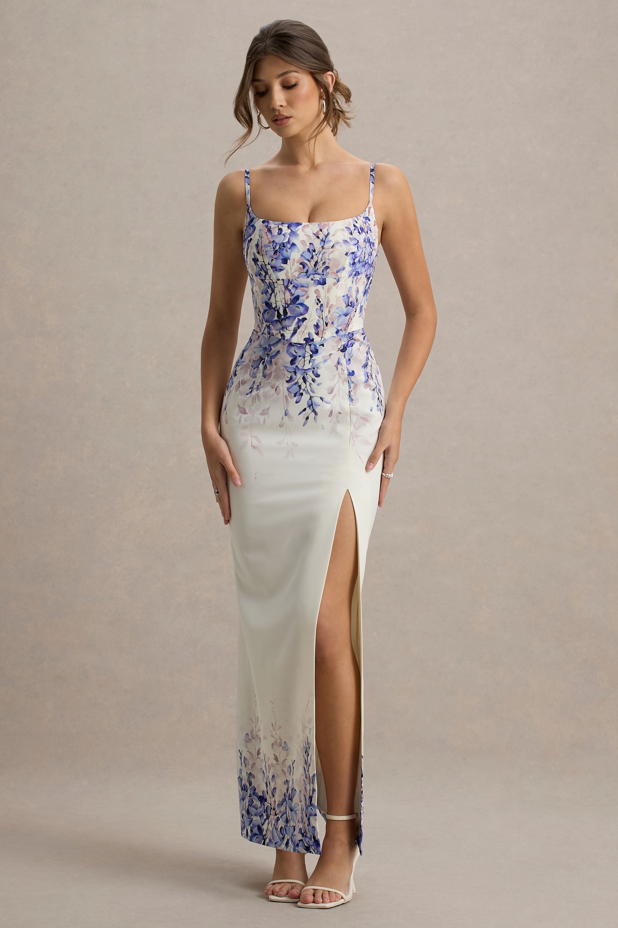Lupita | Wisteria Print Leinen Maxikleid mit Schlitz
