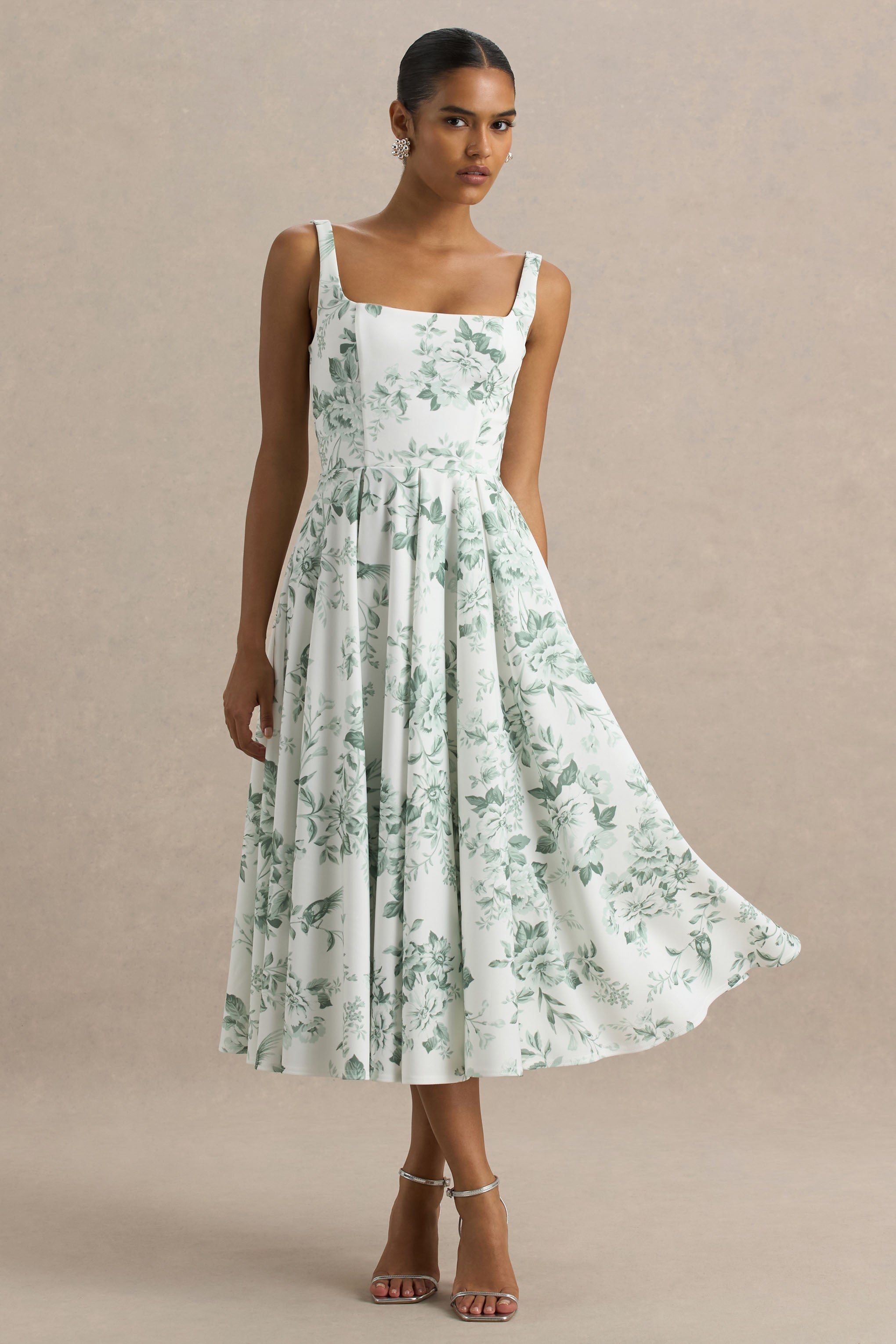 Lissa | Grünes Midikleid mit Porzellan-Print und quadratischem Ausschnitt