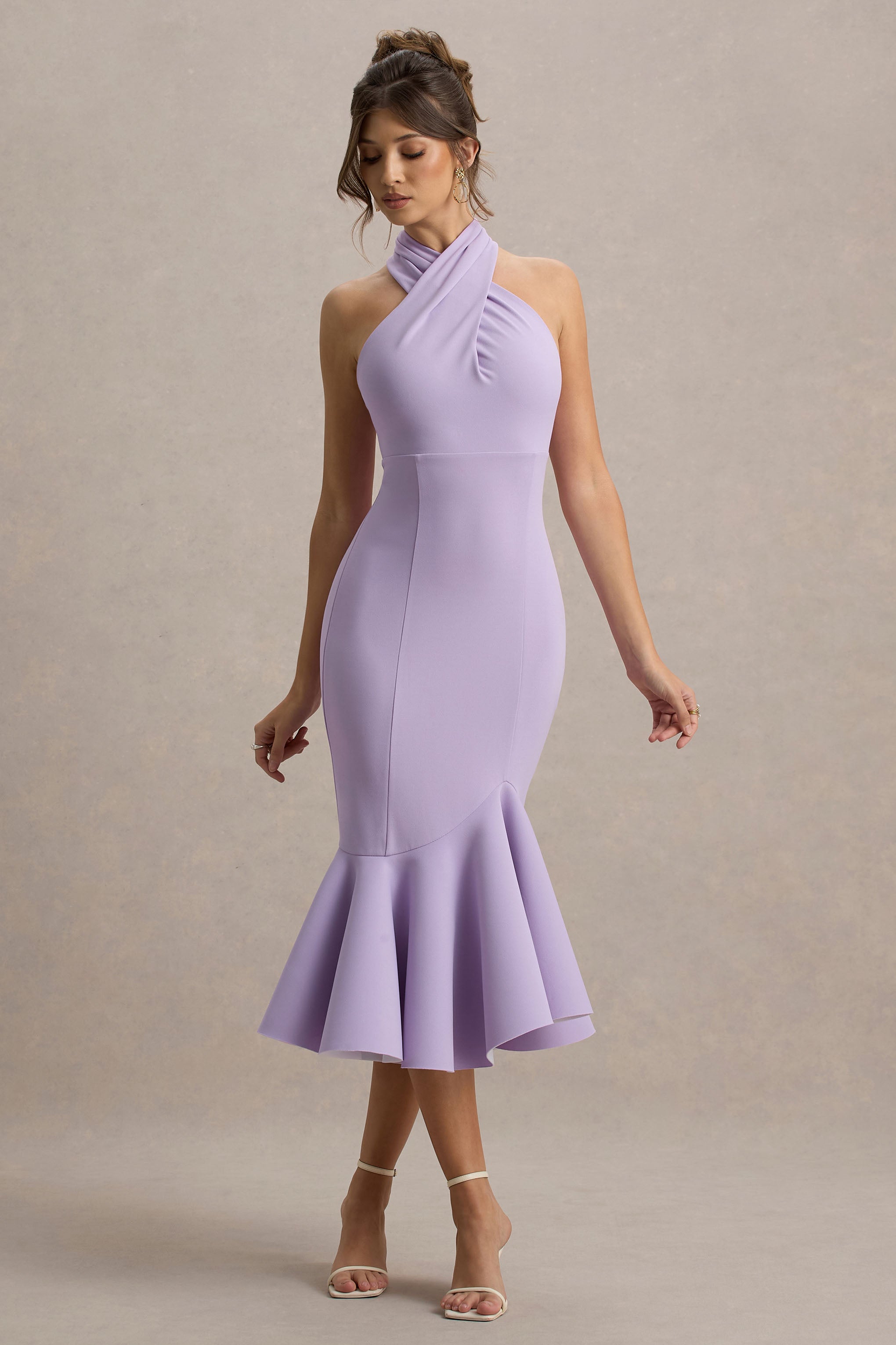 Valletta | Fliederfarbenes Halterneck-Midikleid mit Rüschenbesatz