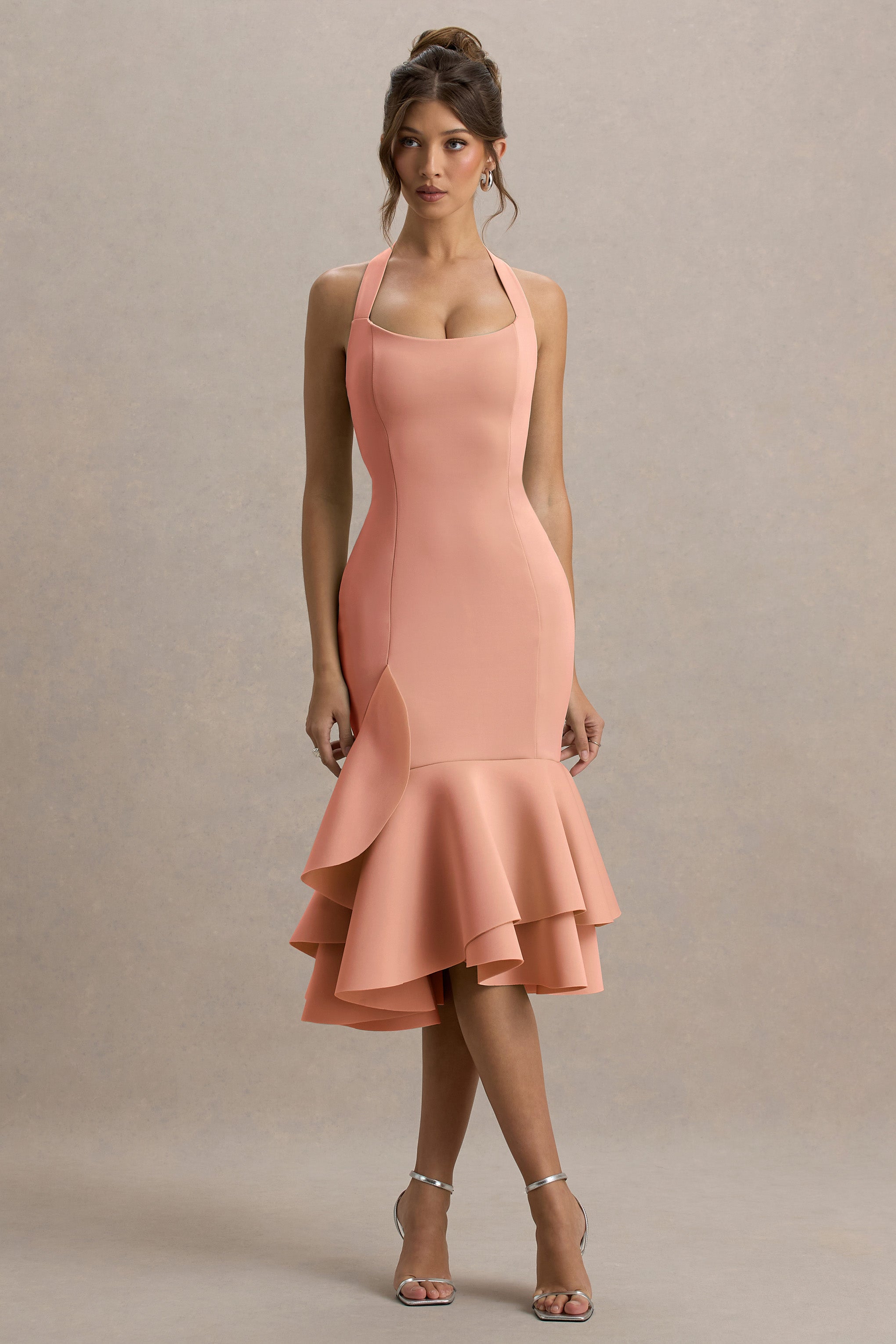 Arla | Rosa Midikleid mit Halterneck und Rüschenbesatz