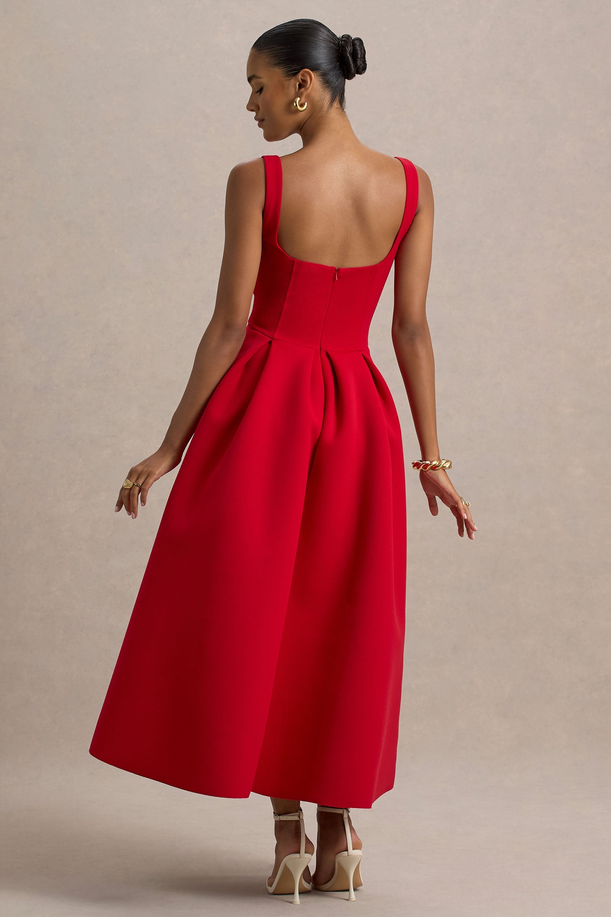 Rosemary | Rotes Midikleid mit Sweetheart-Ausschnitt und tief angesetzter Taille