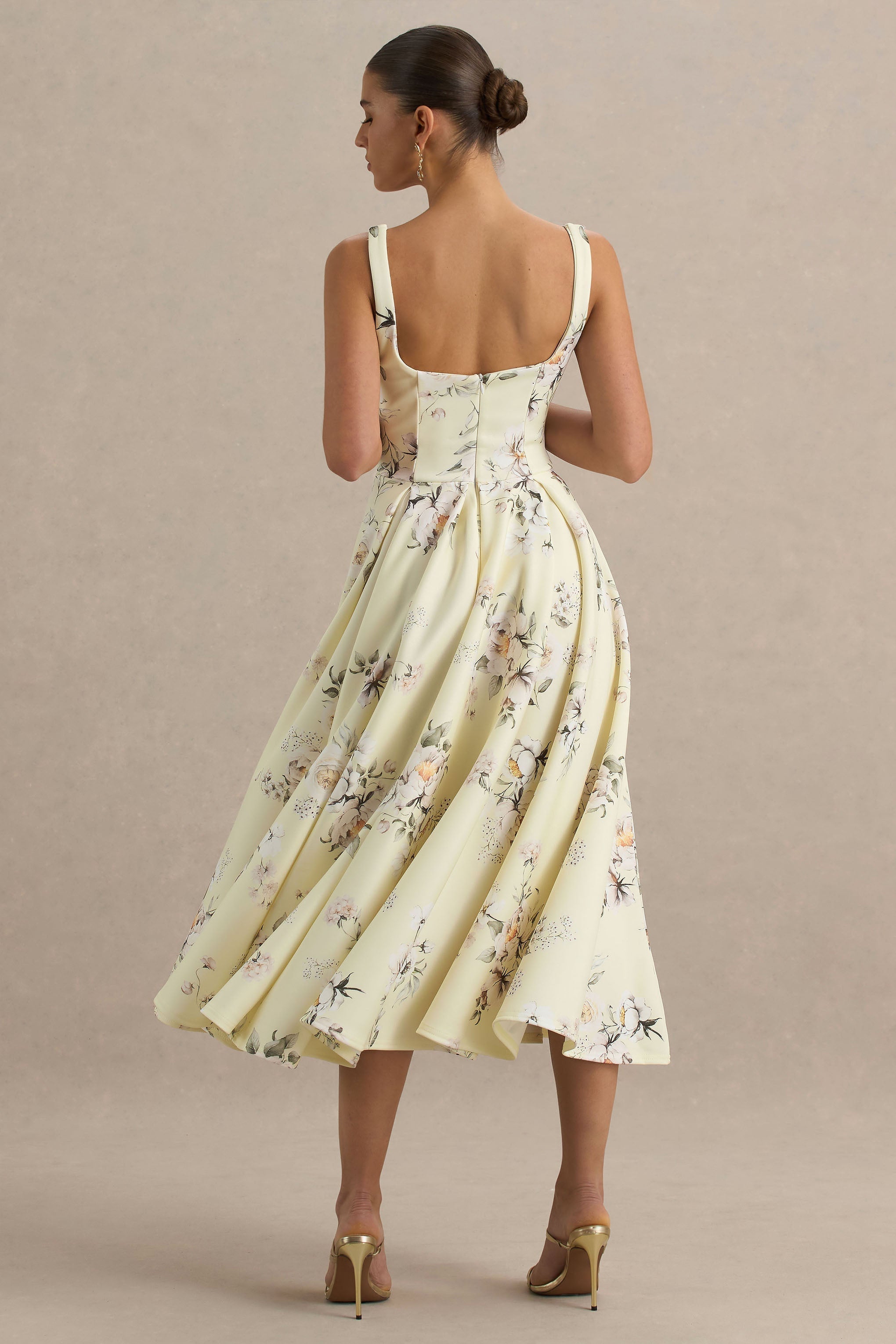 Lissa | Zitronen-Blumenstrauß-Print Midikleid mit eckigem Ausschnitt