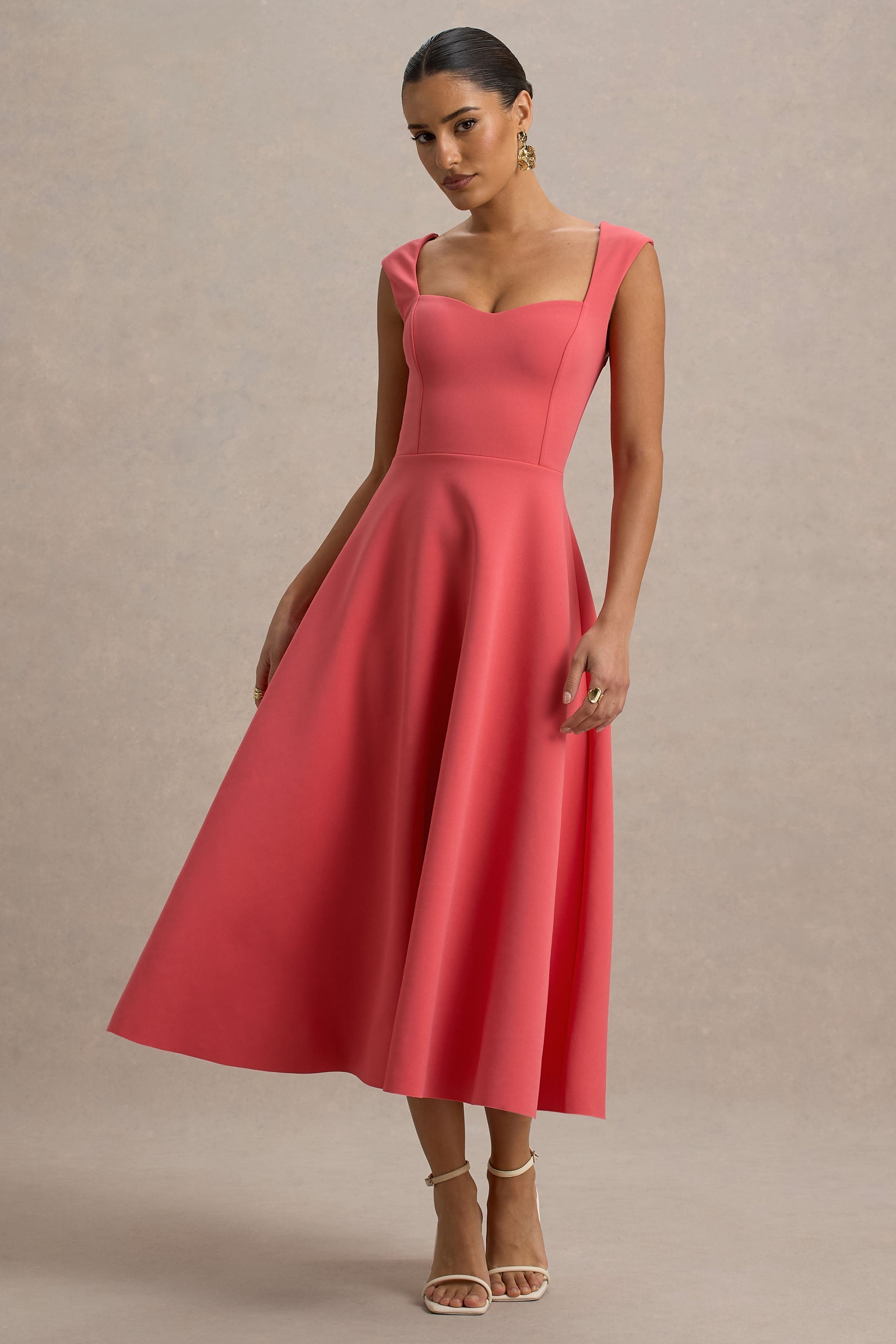 Andromeda | Coralrotes Midikleid mit Herzausschnitt