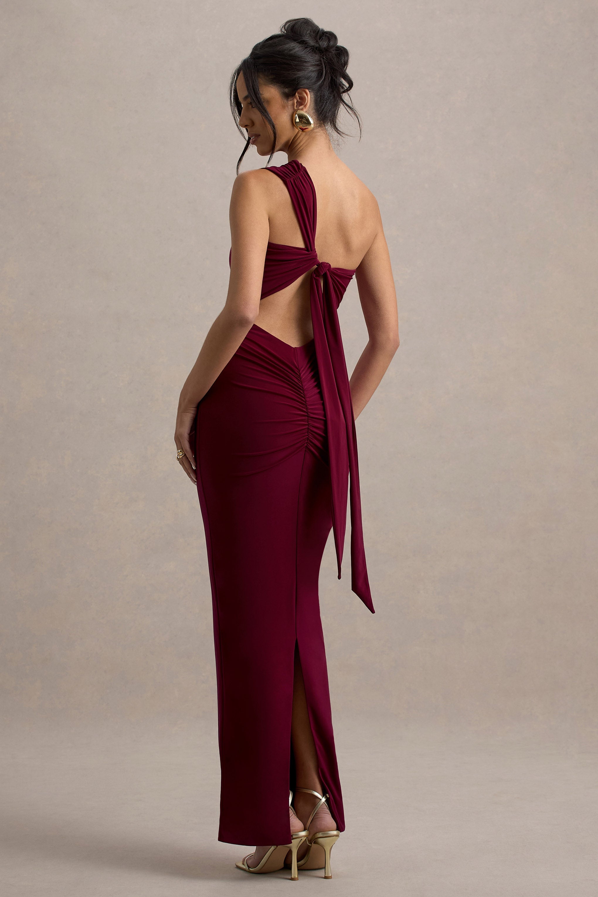 Venetia | Burgunderrot Maxi-Kleid mit Ein-Schulter-Design und Rückenschnürung