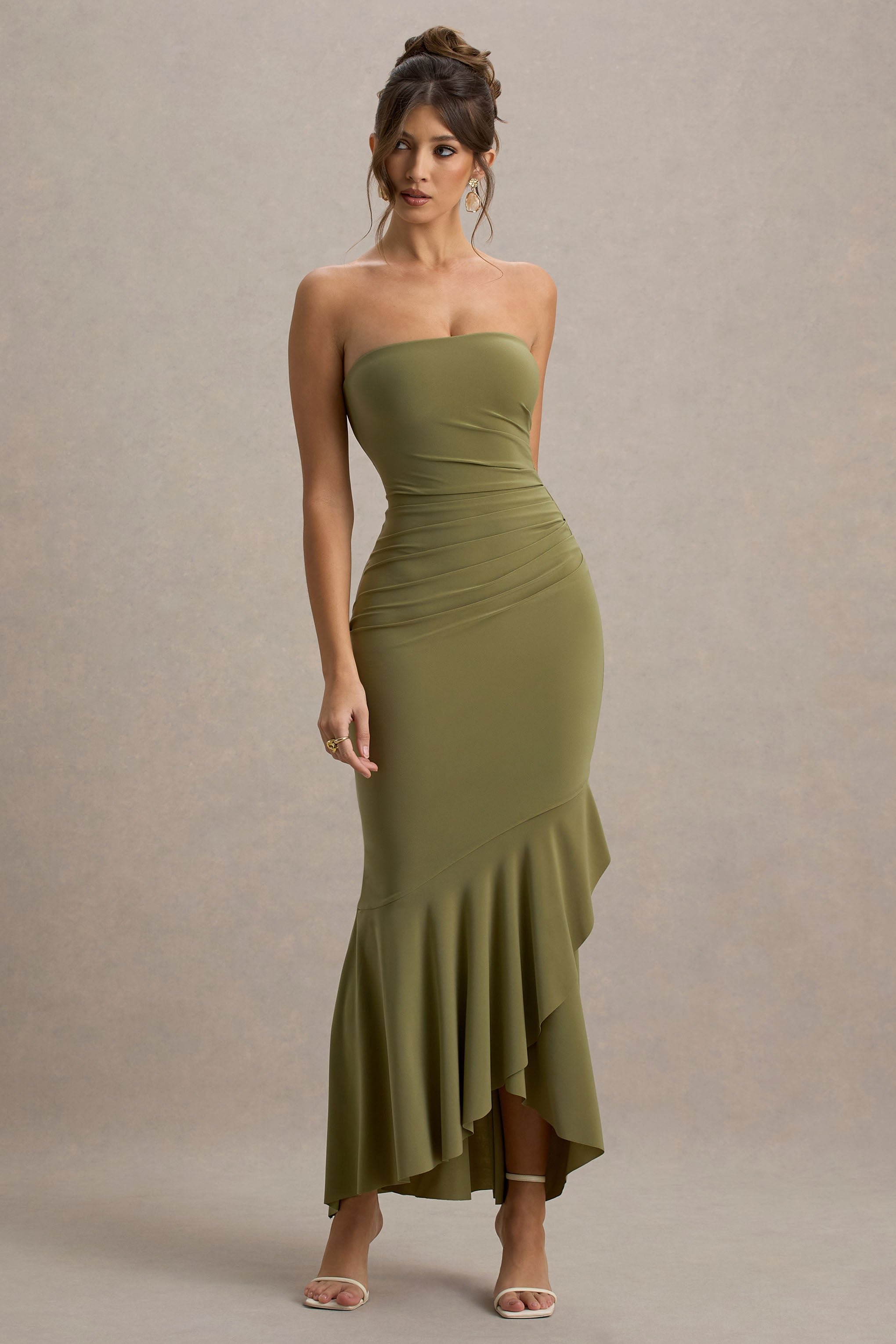 Capria | Olivgrünes Bandeau-Wickel-Maxikleid