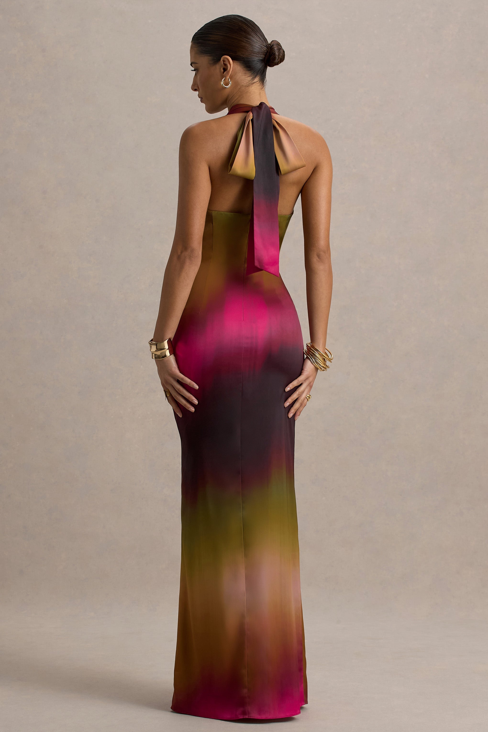 Fiorella | Ombre-Print-Kleid mit Wasserfallausschnitt und Schlitz im Maxistil