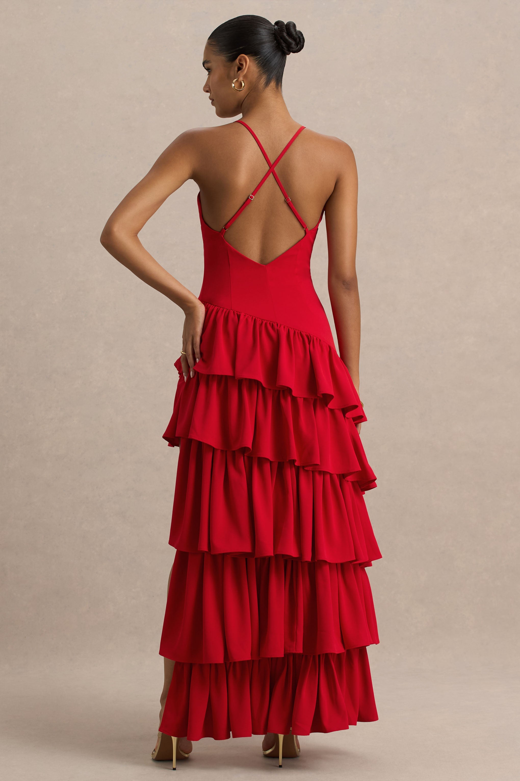 Bogota | Rotes Maxikleid mit V-Ausschnitt Rüschen-Details und hohem Frontschlitz