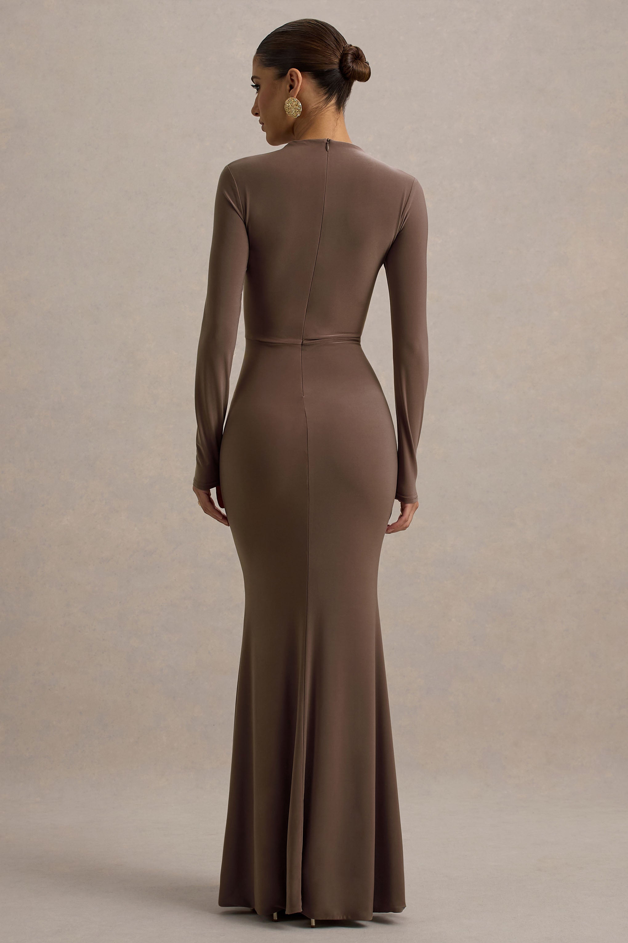 Reid | Braunes Maxikleid mit langen Ärmeln und Raffung