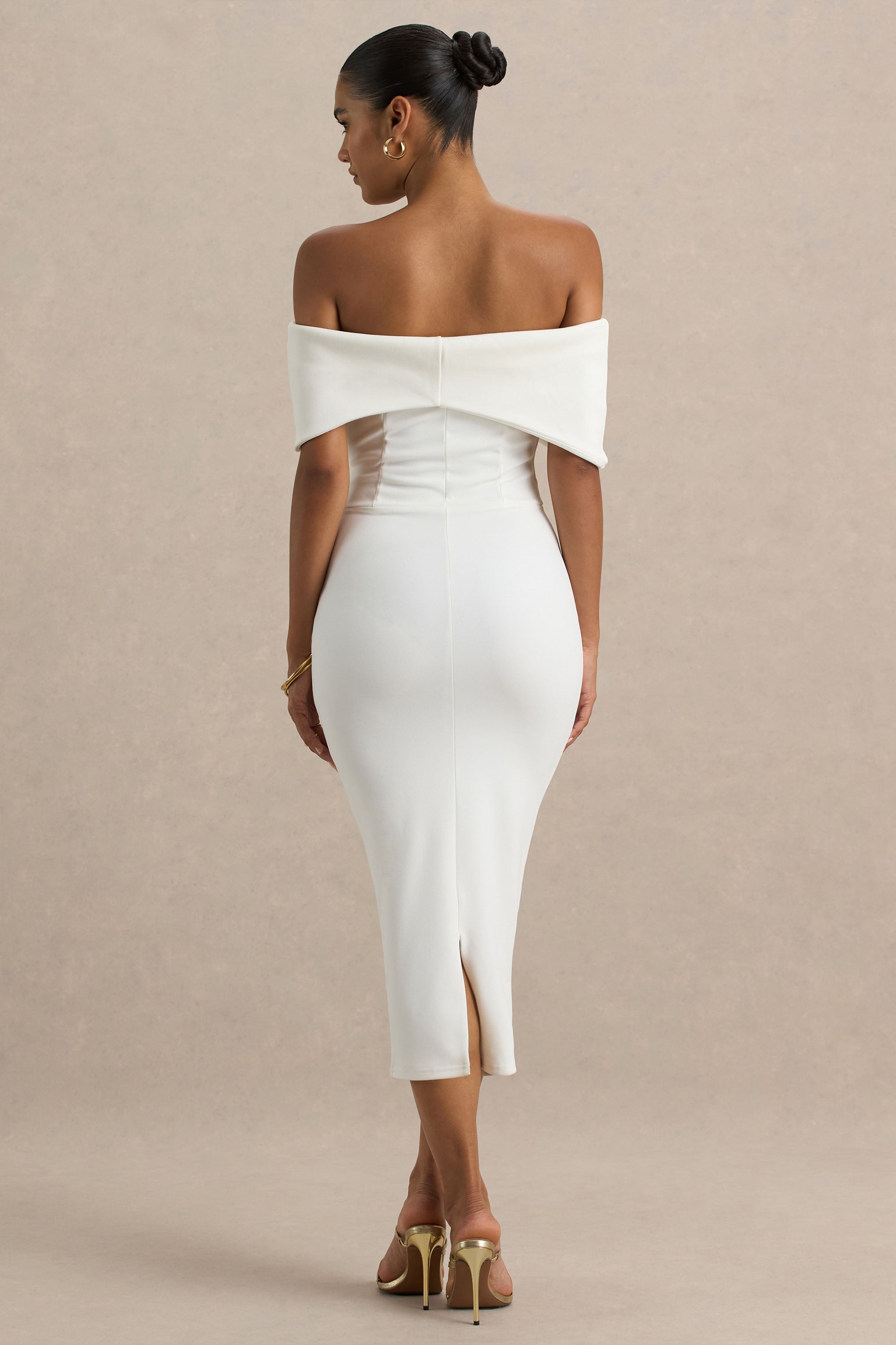 Bayshore | Weißes Bardot-Midikleid mit Schleife