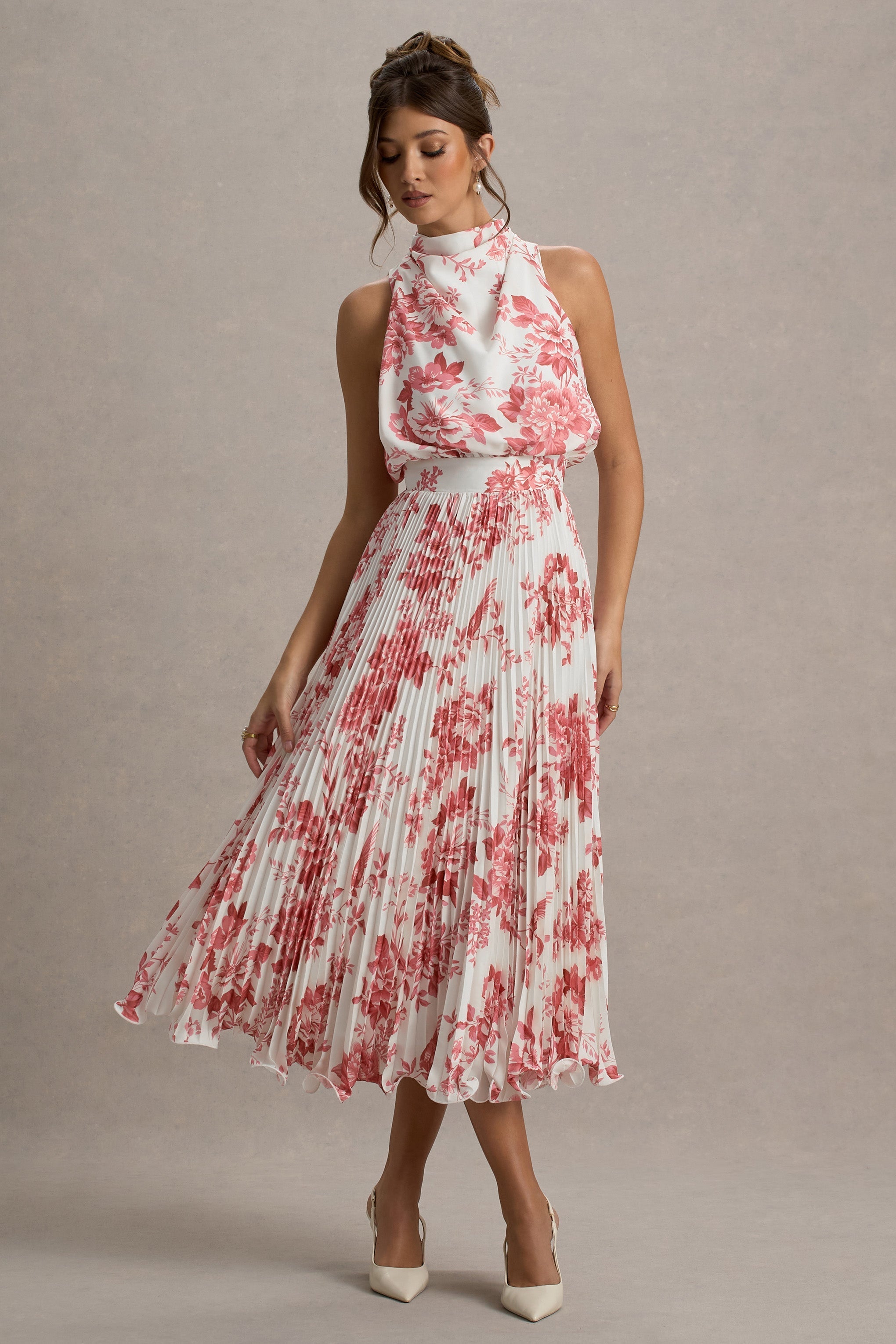 Nila | Rosa Porzellan-Druck Cowl-Neck Midikleid mit Plisseerock.
