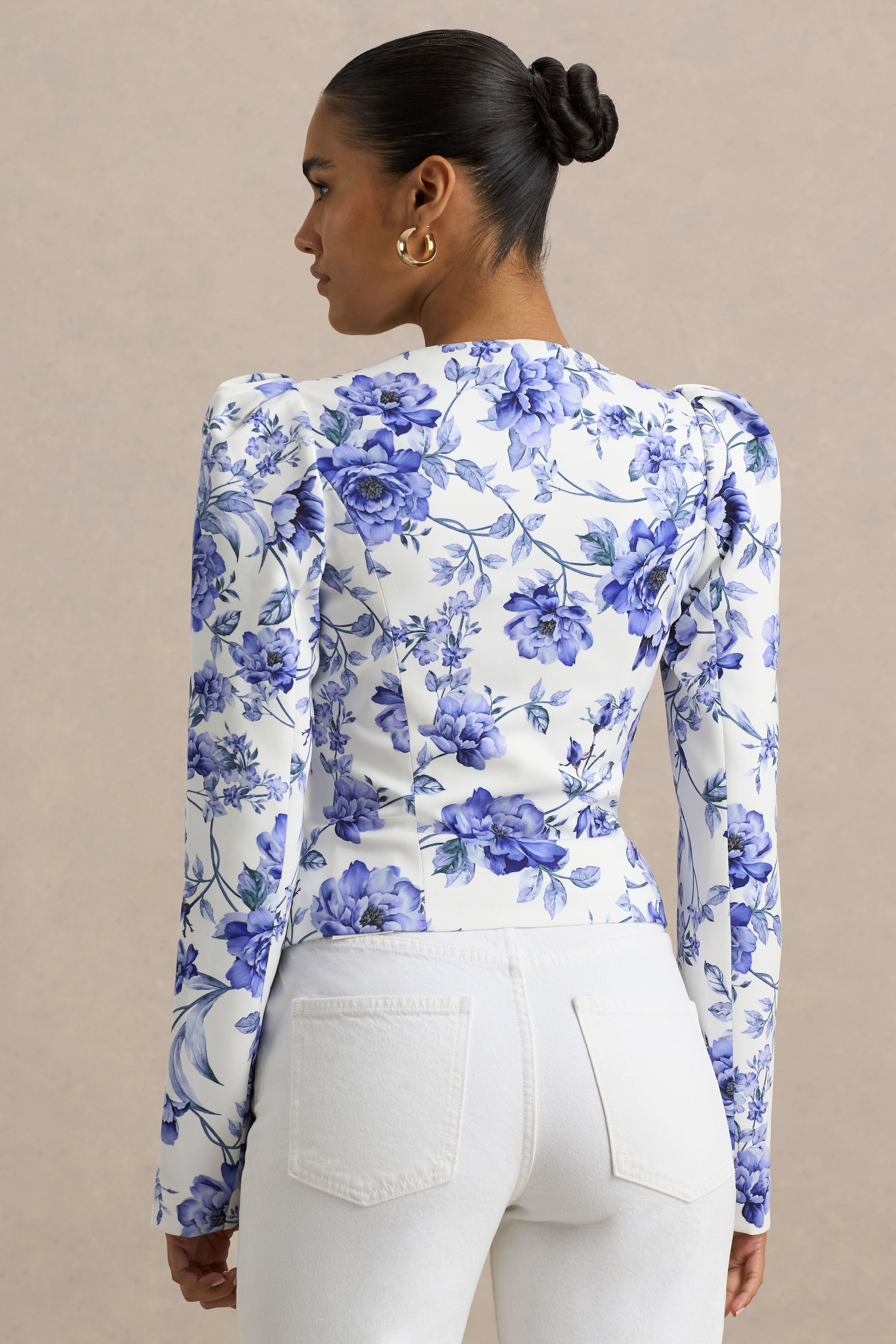 Olympia | Blaues Oberteil mit Blumenmuster und Sweetheart-Ausschnitt, tailliert