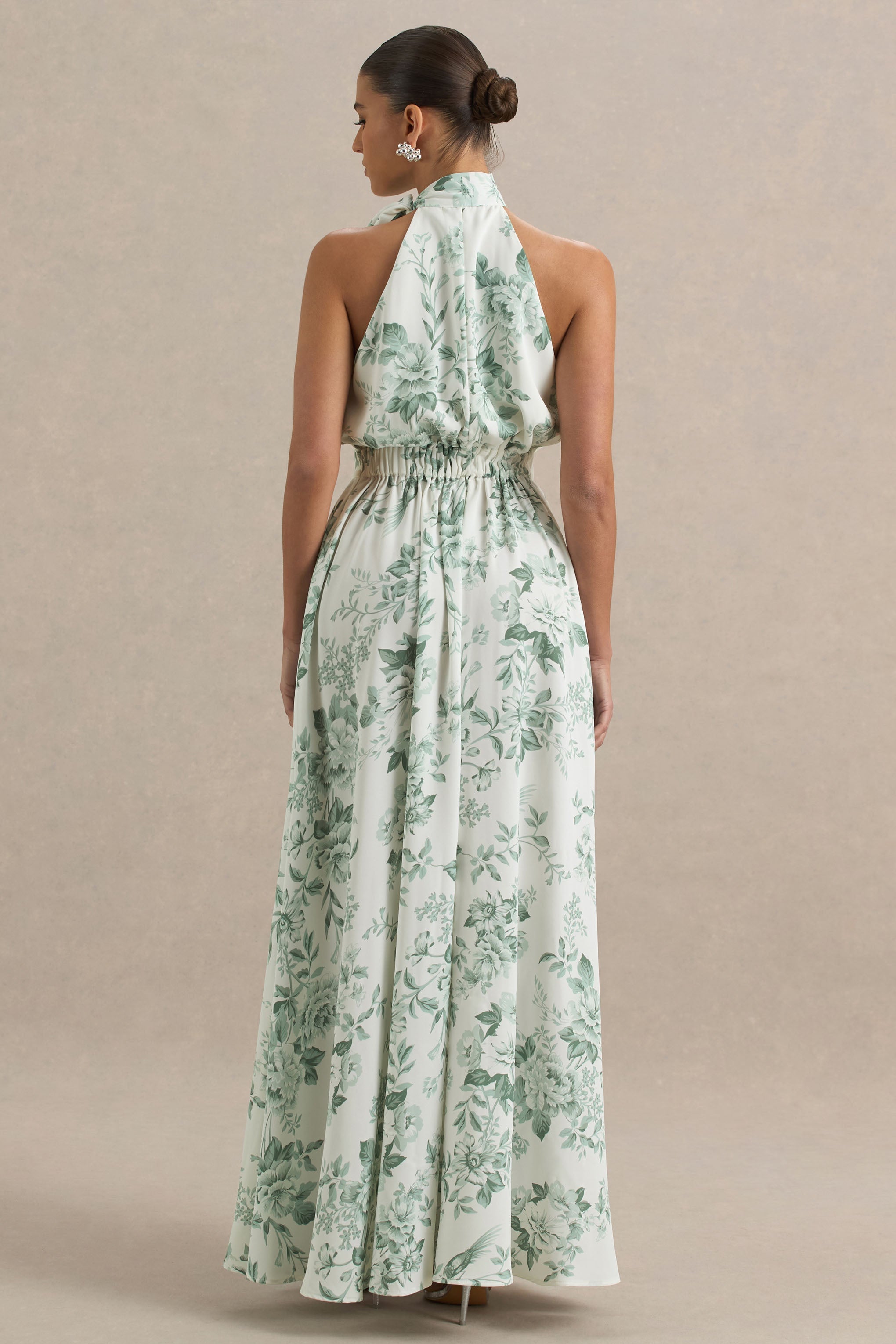 Talia | Grünes Maxikleid mit Blumenmuster, hohem Kragen und hohem Beinschlitz