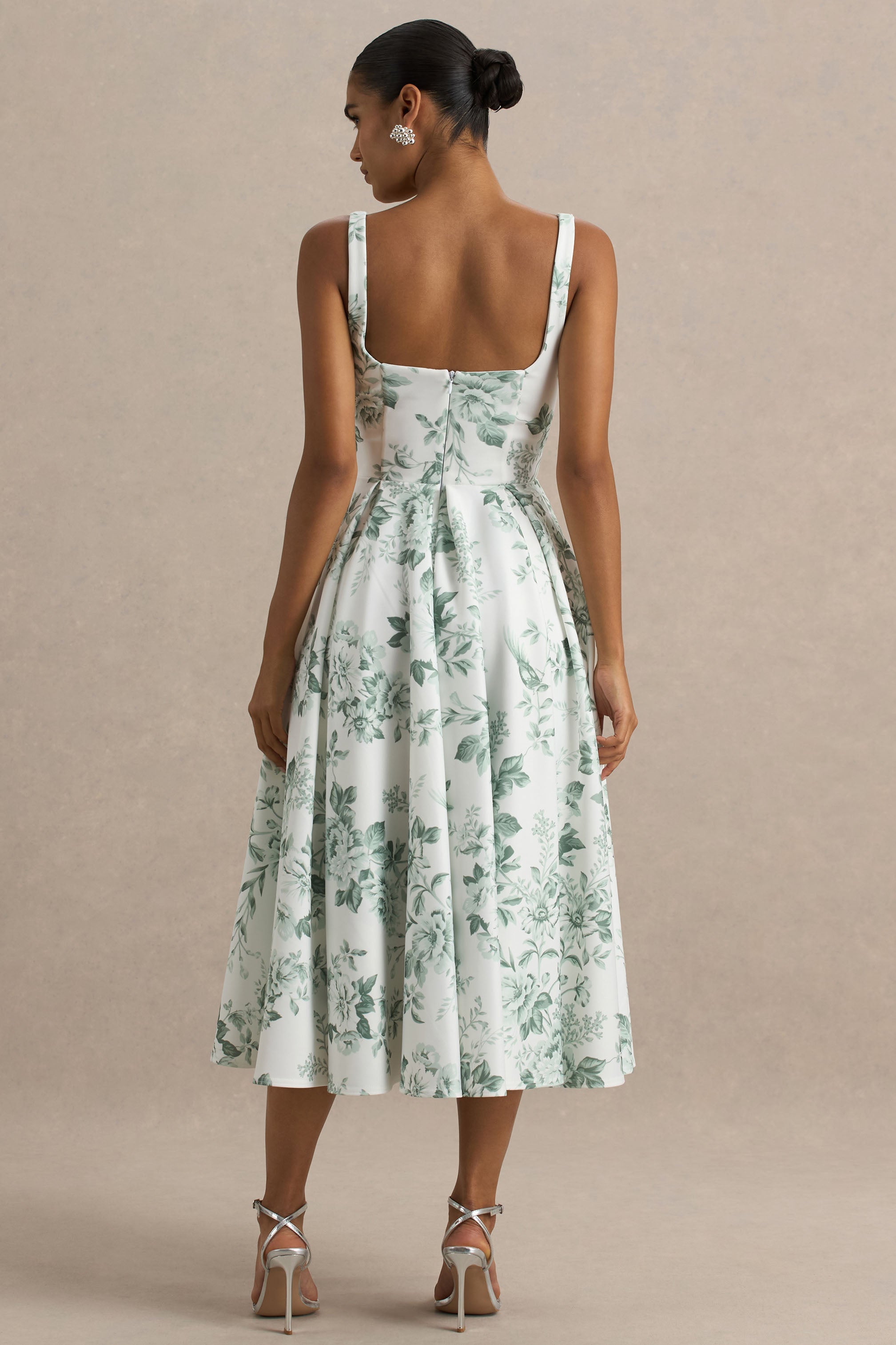 Lissa | Grünes Midikleid mit Porzellan-Print und quadratischem Ausschnitt